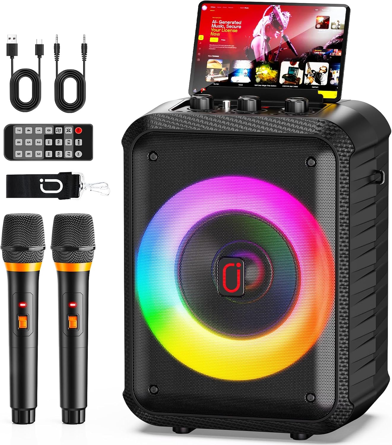 Tragbare Karaoke Maschine D13T mit 2 Mikrofonen, Schwarz D13T