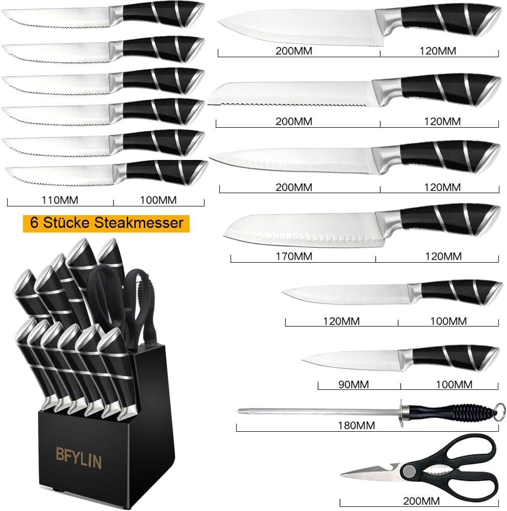 15-teiliges Küchenmesser-Set mit Holzblock, Küchenschere und Wetzstahl, 15 Stücke Set Schwarz