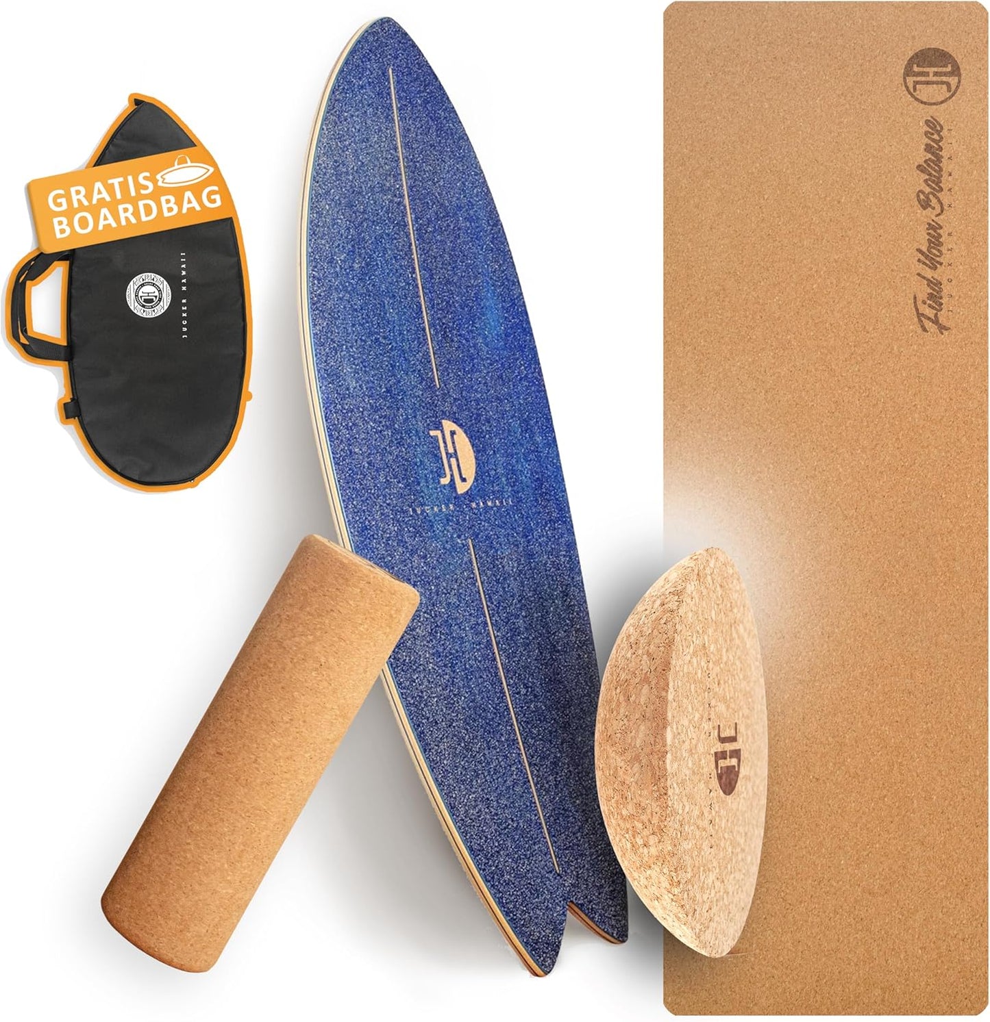 Balance Board Ocean Rocker mit Zubehör-Set, Blau + Rolle + Korkhalbkugel + Matte