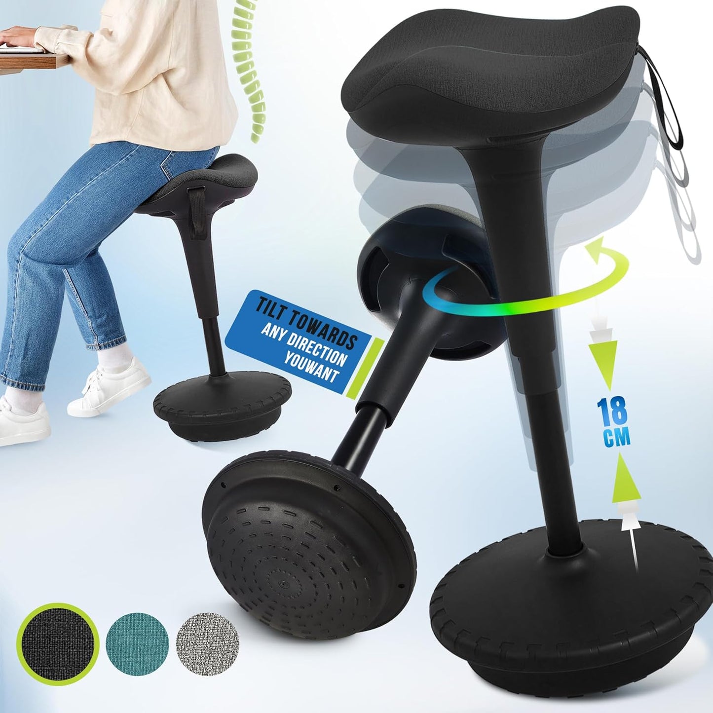 Ergonomischer Sitz-Steh-Hocker, höhenverstellbar, 360° Drehbar, Schwarz