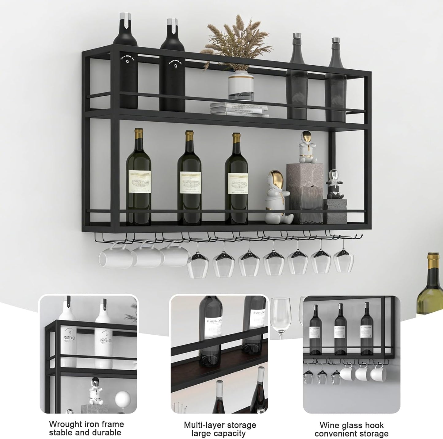 Wand-Weinregal mit Glashalter, 80×20×65cm