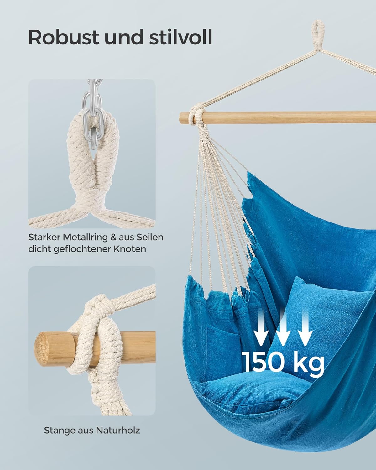 Hängesessel mit Kissen, Meerblau Holzstange