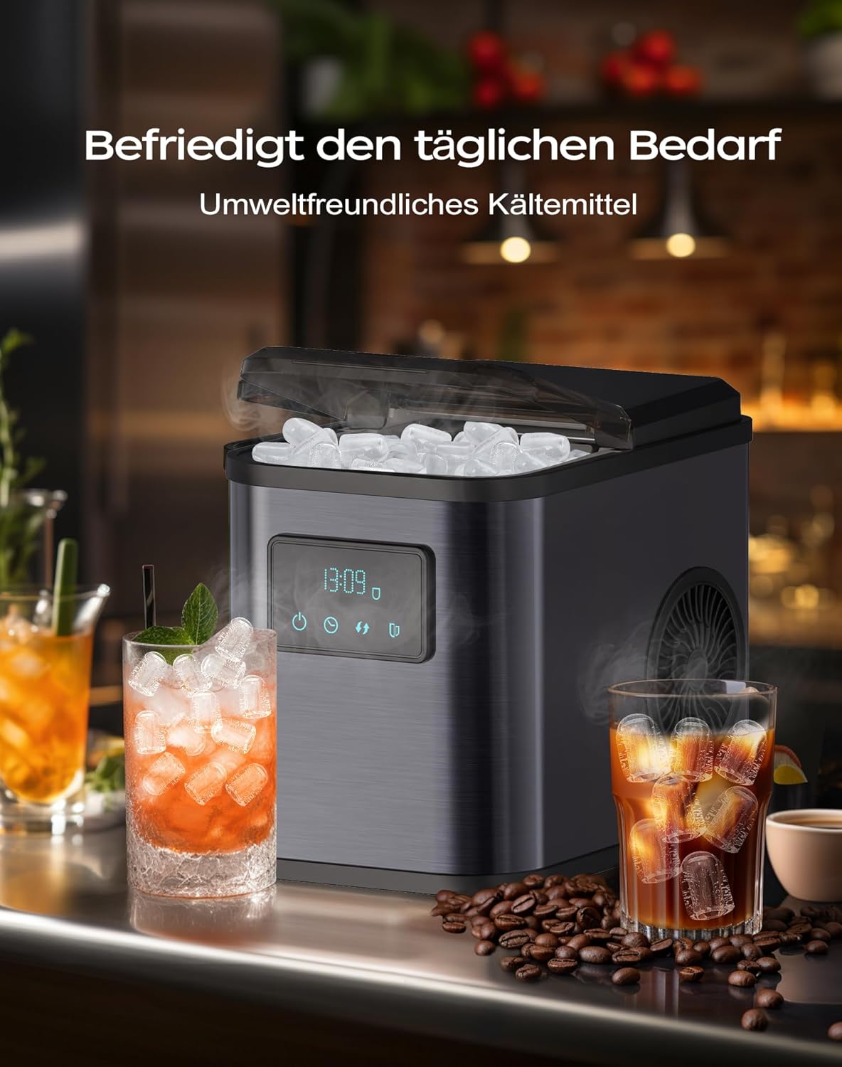 ‎YT-E-009BA Eiswürfelmaschine mit LED-Display und Reinigungsfunktion, Grau