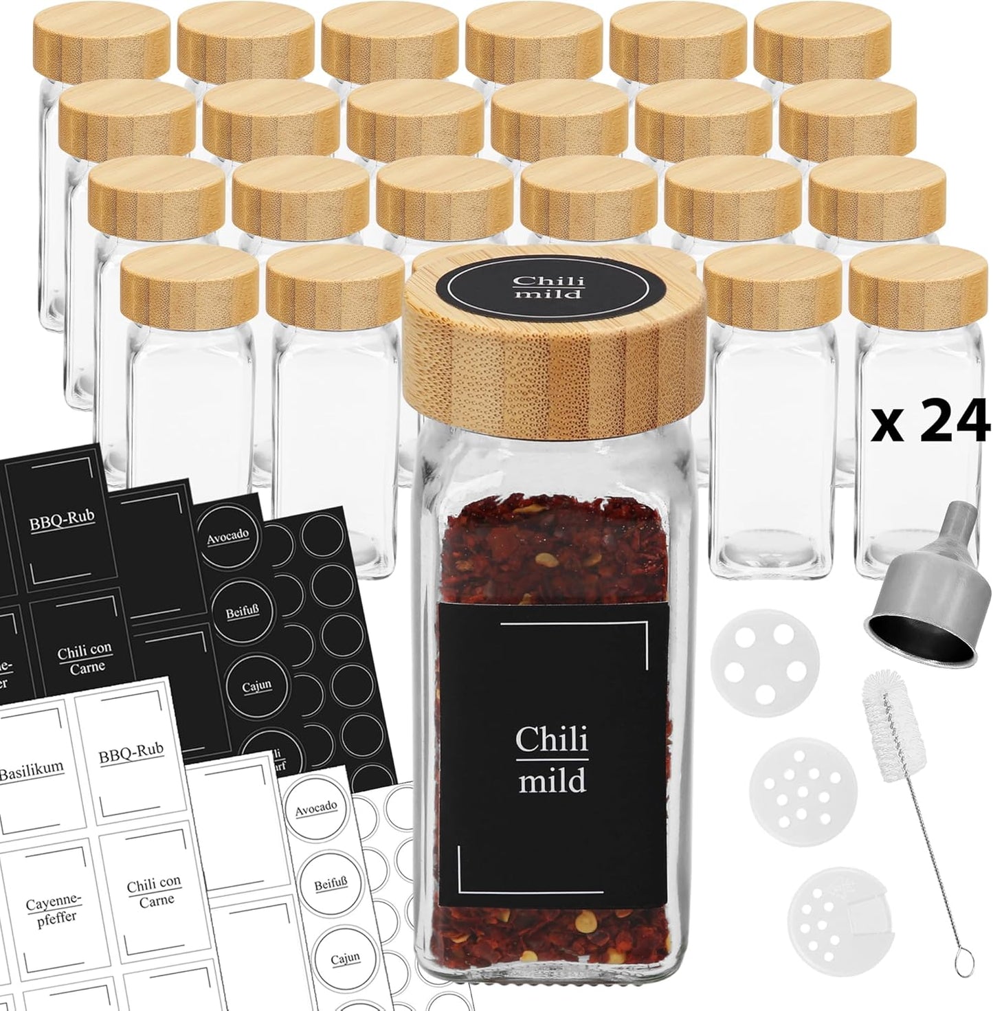 Gewürzgläser mit Bambusdeckel, 24 x 120 ml, inkl. Zubehör, 24 x 120 ml
