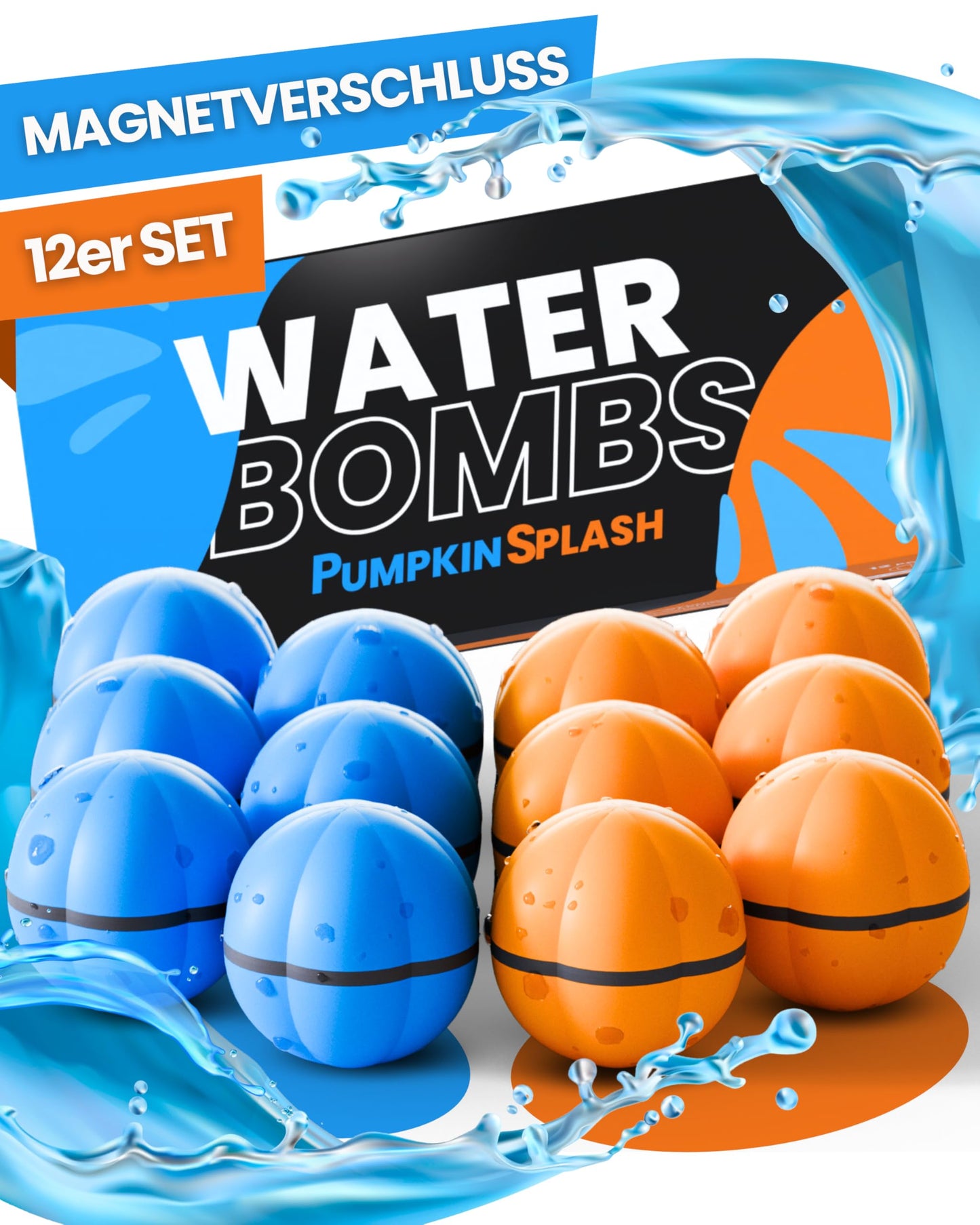 Wiederverwendbare Wasserbomben, 12 Stück, Blau + Orange