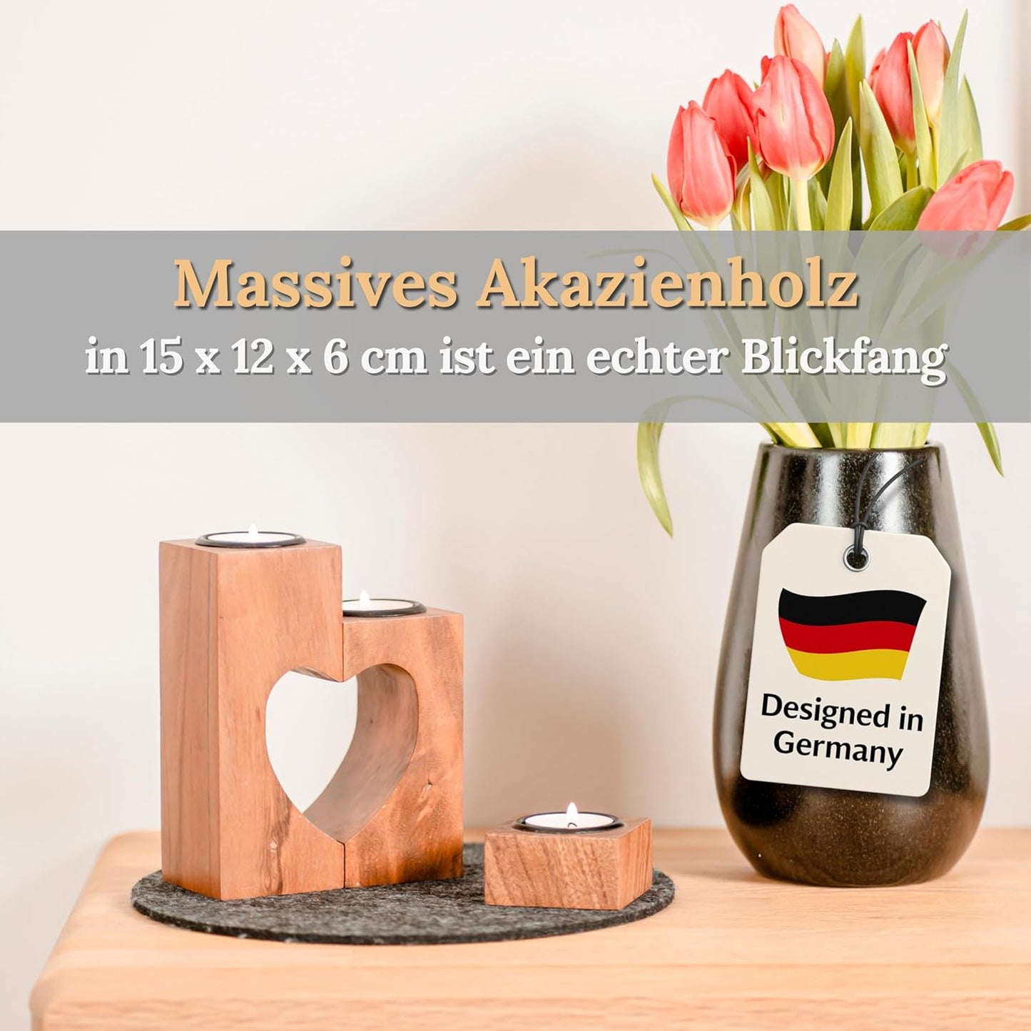 Herz Teelichthalter 3er Set aus Akazienholz, Braun