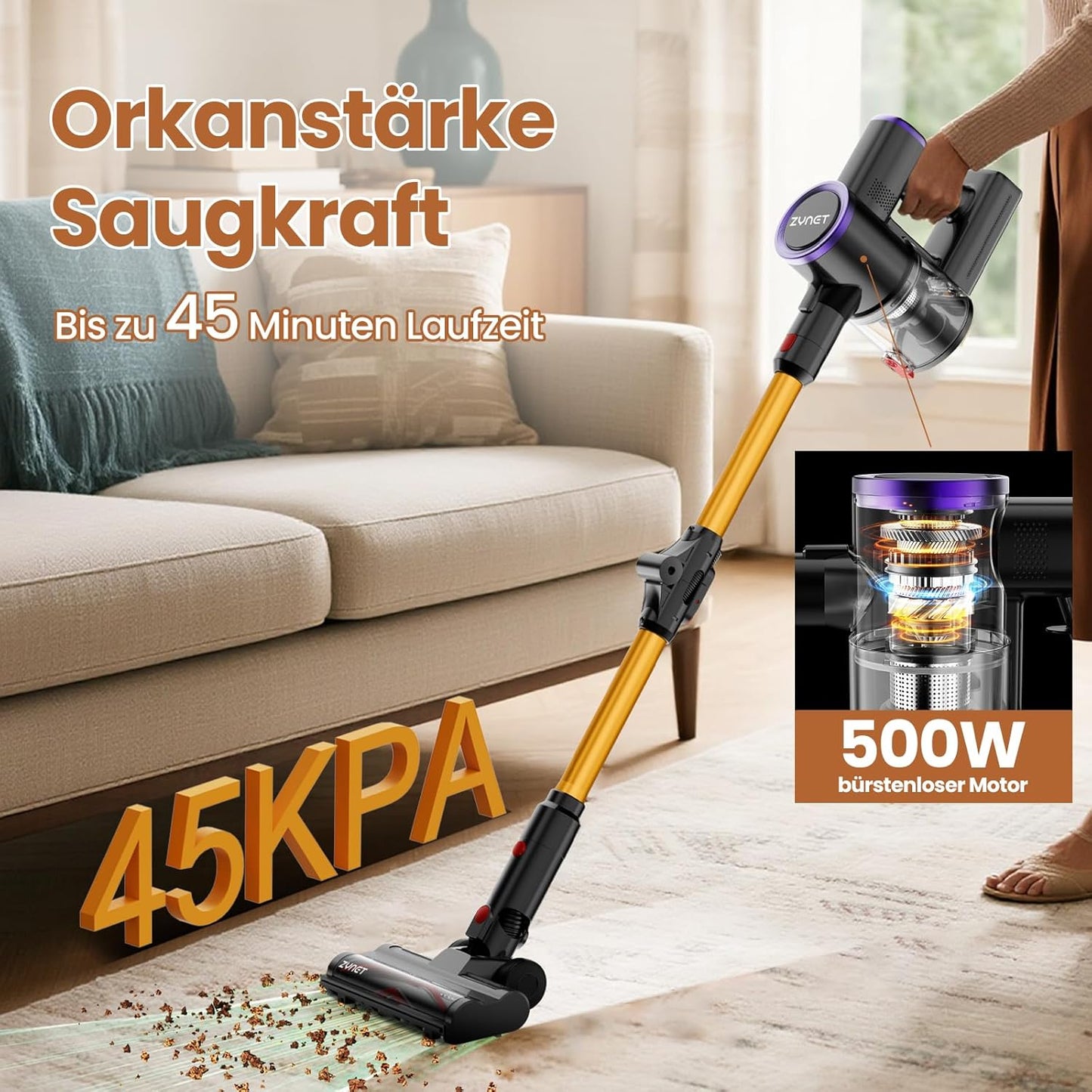 Akkustaubsauger mit Biegegelenk, Gelb