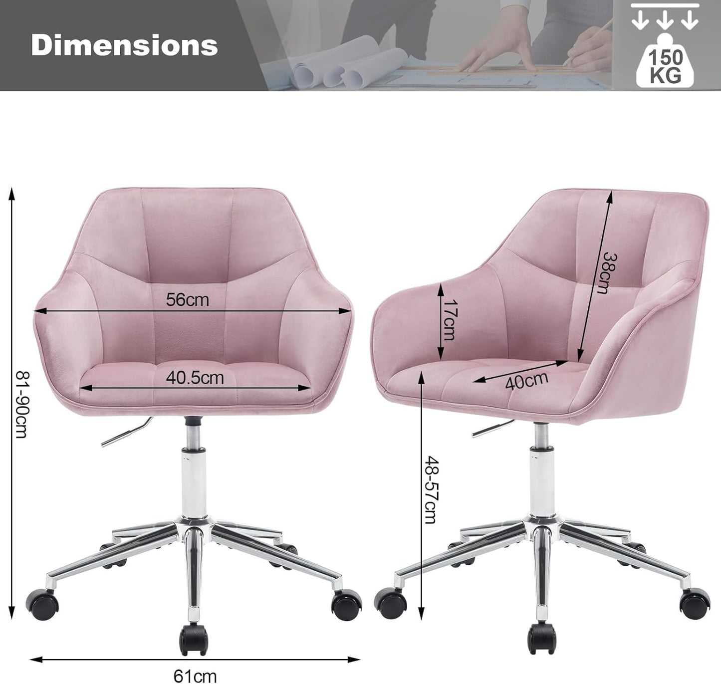 Höhenverstellbarer Homeoffice-Drehstuhl mit Samtsitz, Rosa