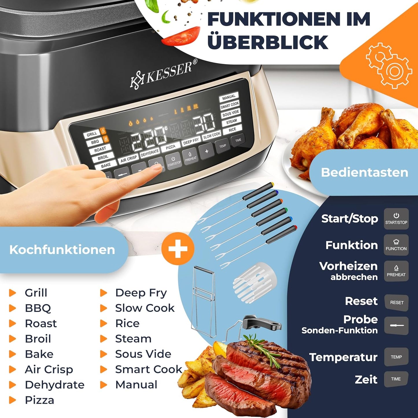 Multikocher mit Heissluftfritteuse, 16 Programme, Champagne