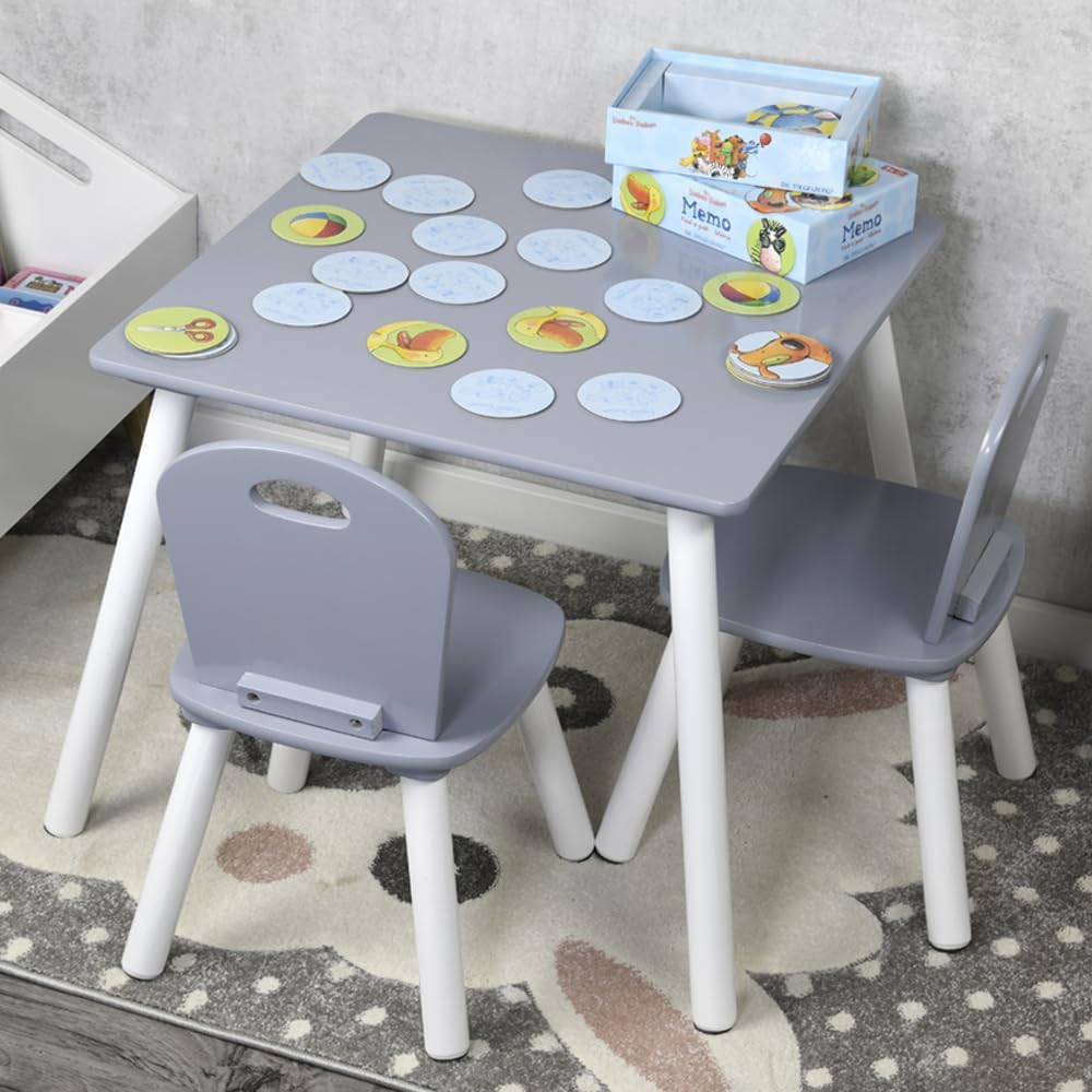Kindertisch mit 2 Stühlen, Weiss, Grau