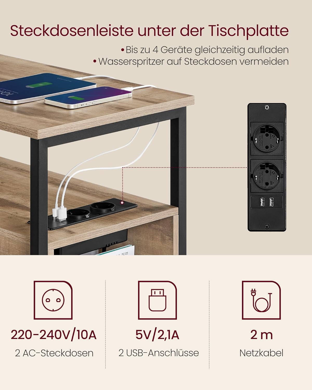 Beistelltisch LET325K01 mit Steckdosenleiste, 1 Kamelbraun + Tintenschwarz