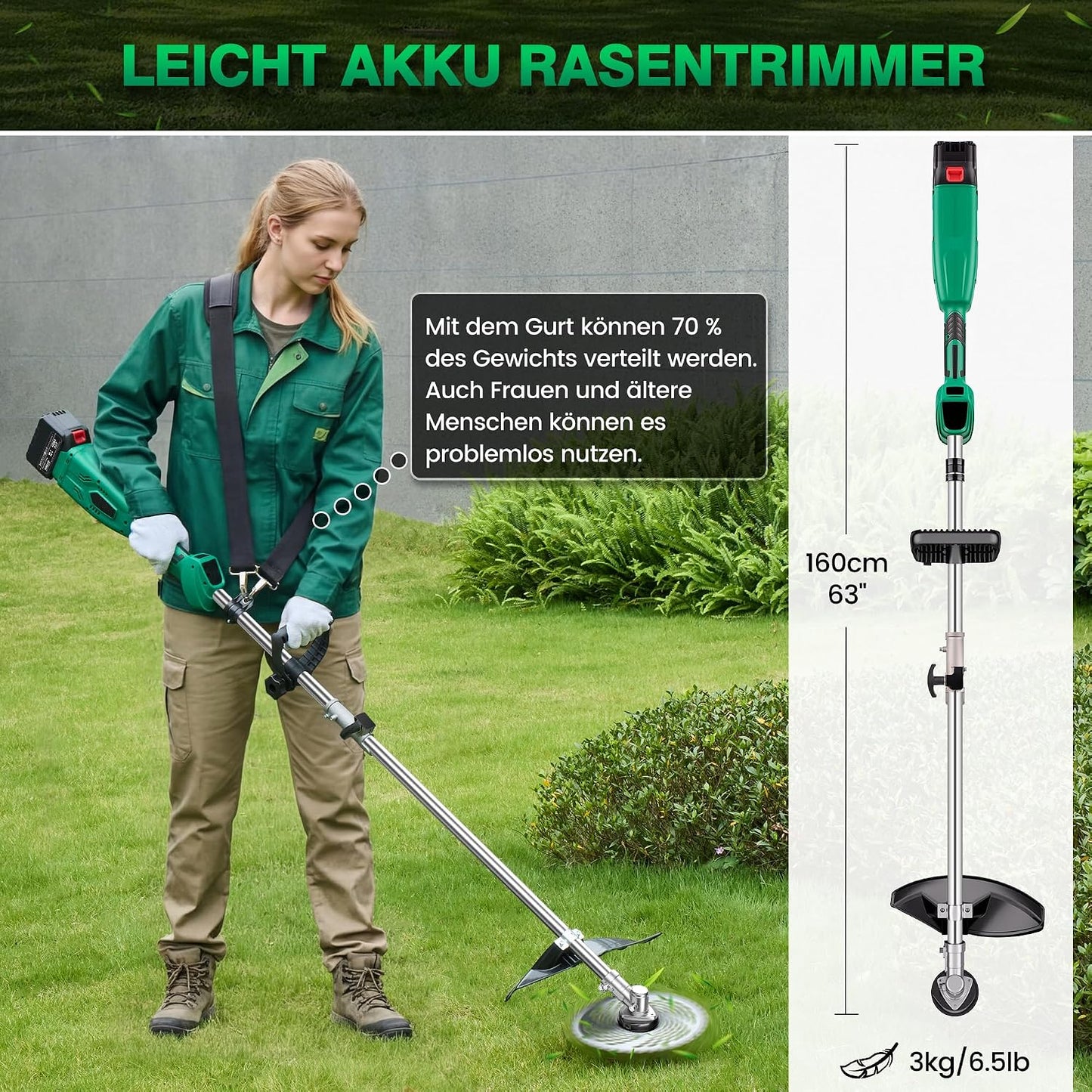 6-in-1 Akku-Rasentrimmer mit Unkrautbürste