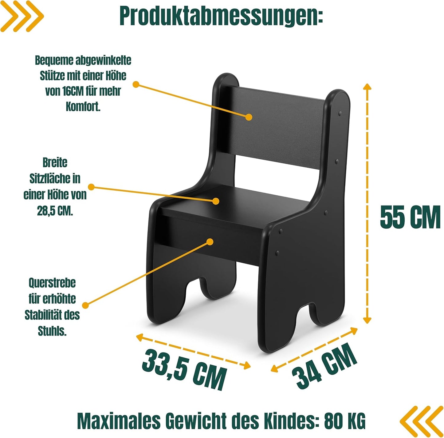 Kindertisch und Stuhl Set für Kinderzimmer, 1 Stuhl und Tisch Schwarz