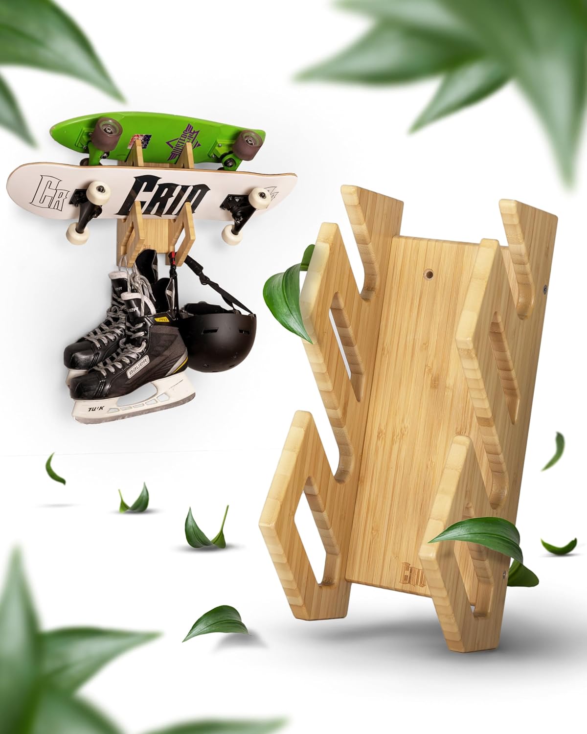 Doppel Skateboard Wandhalterung aus Bambus