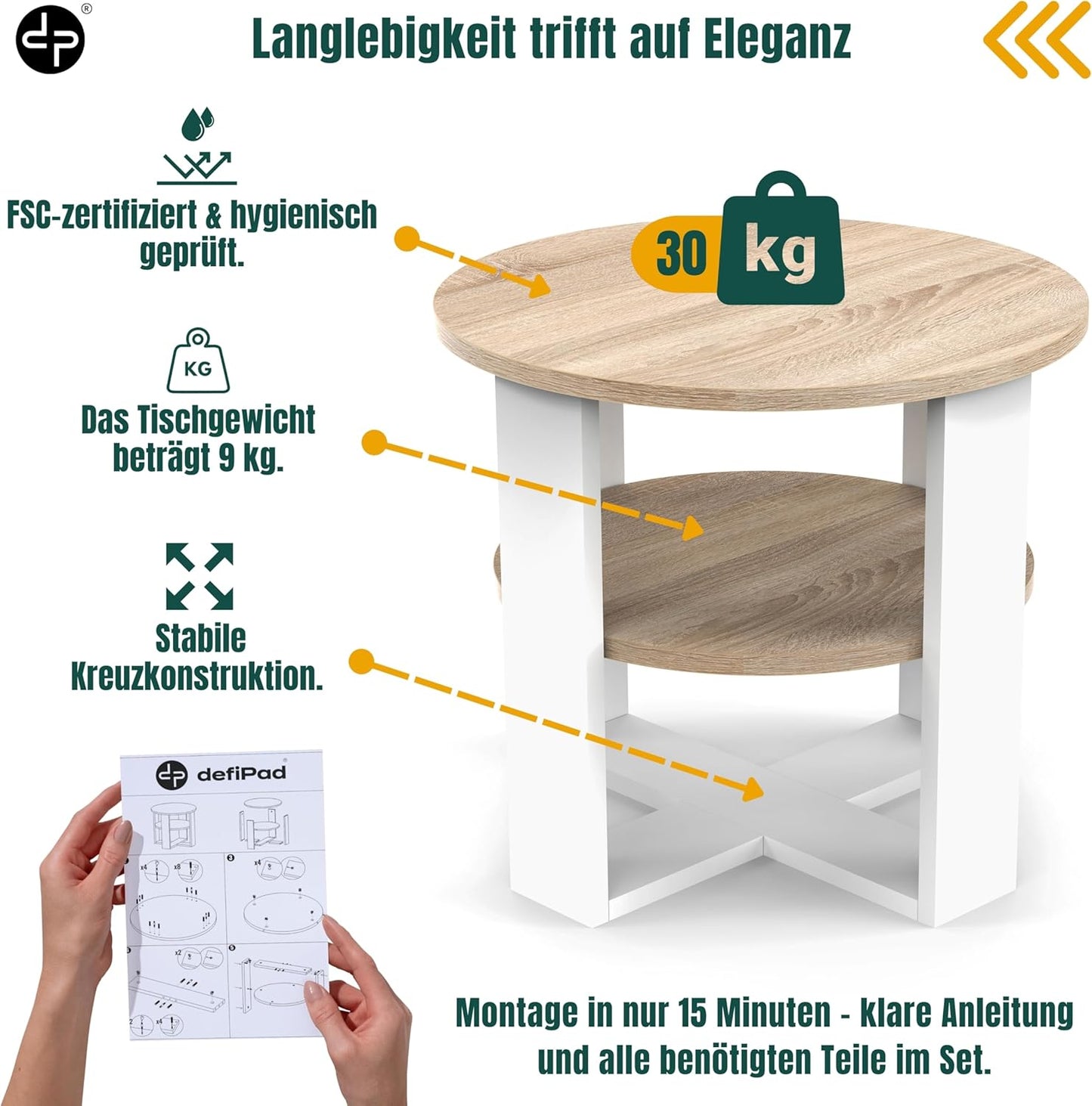 Runder Couchtisch mit Ablage, Weiß & Sonoma Eiche Durchmesser: 53CM