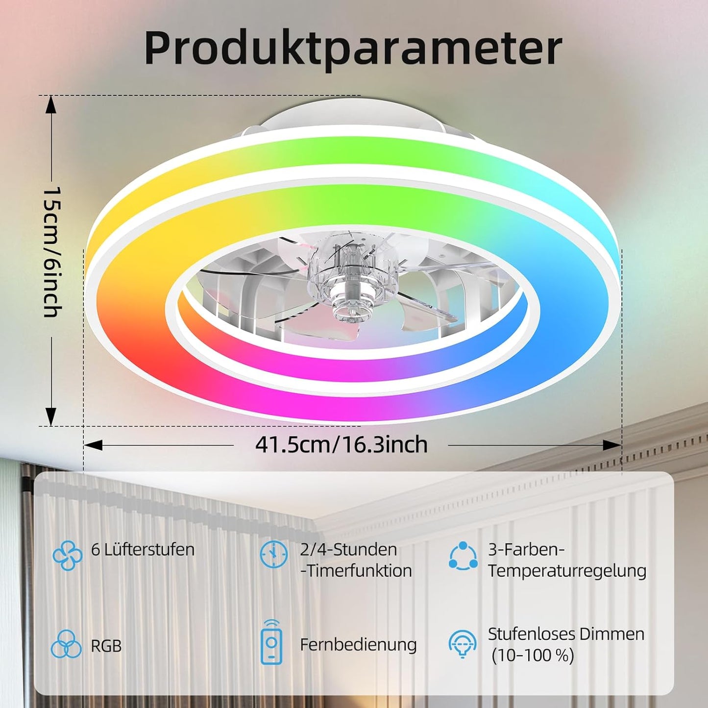 Deckenventilator mit Beleuchtung und Fernbedienung, Weiss 1 (3cct+rgb) 41.5CM