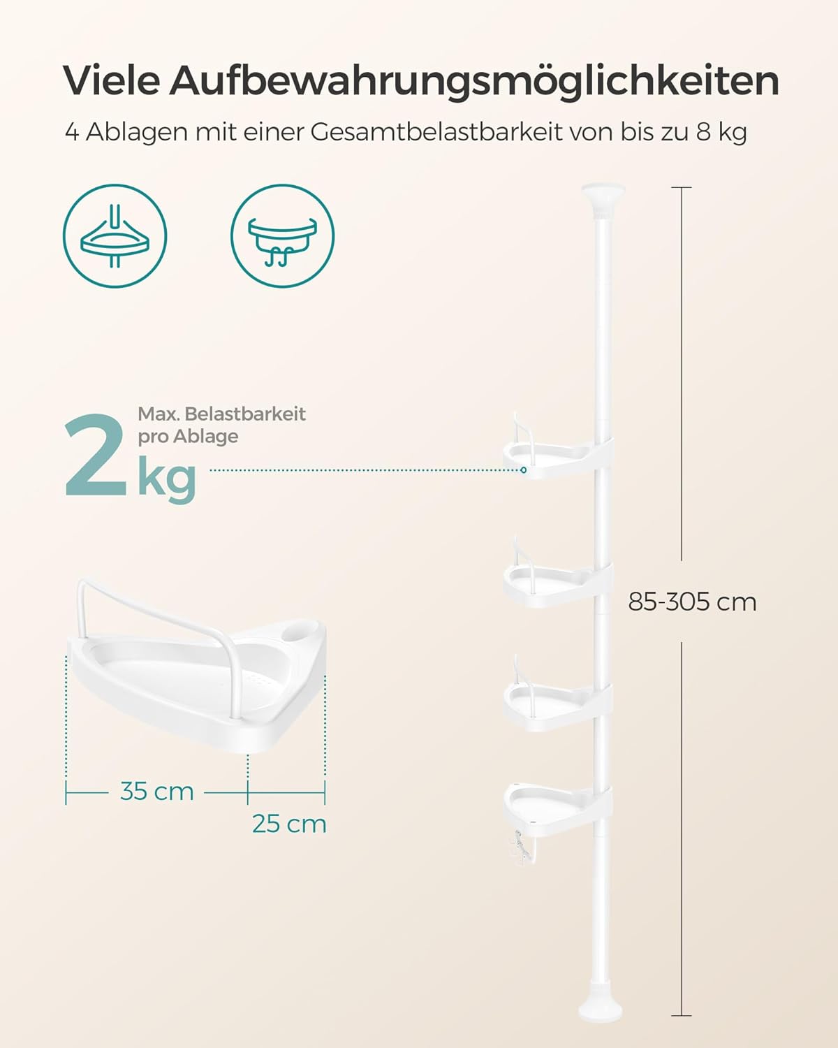 Teleskop-Duschregal mit 4 Ablagen (85-305 cm), Weiss/Flyaway Orchidee