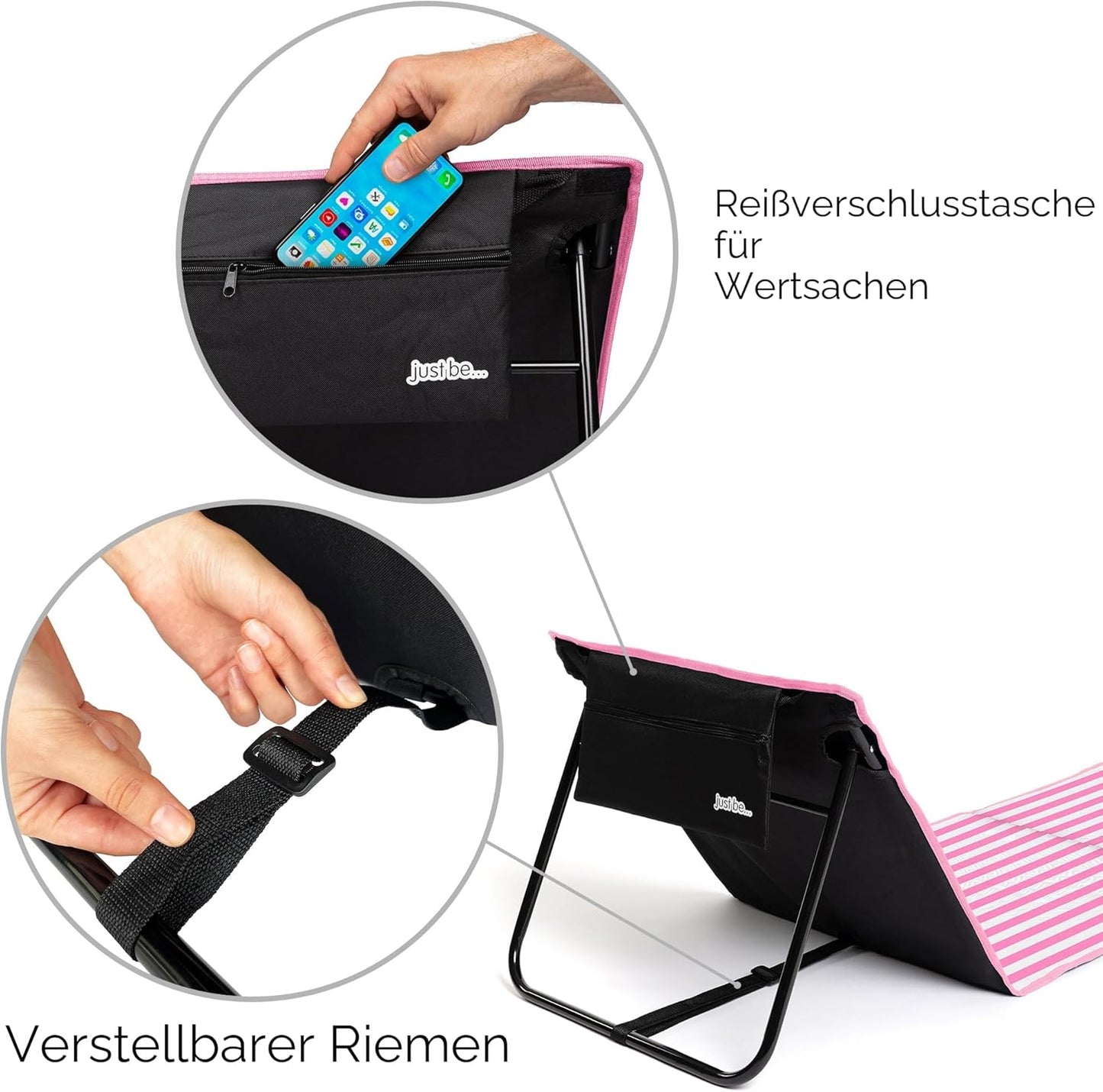 Faltbare Strandmatte mit klappbarer Rückenlehne , Reissverschlusstasche und Schultergurt, Rosa Gestreift