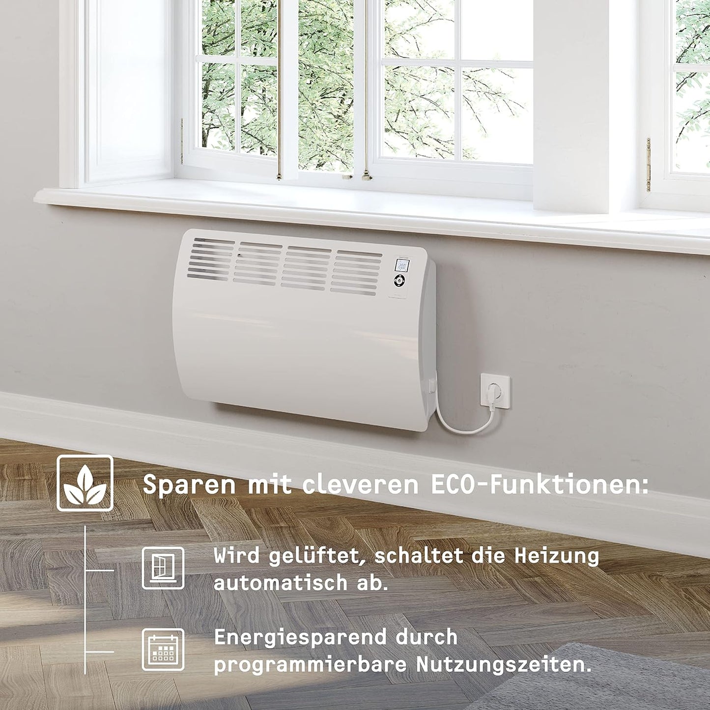 Wandkonvektor, für ca. 25 m² Aluminiumfront und 120.Min.-Timer Wandmontage 2024