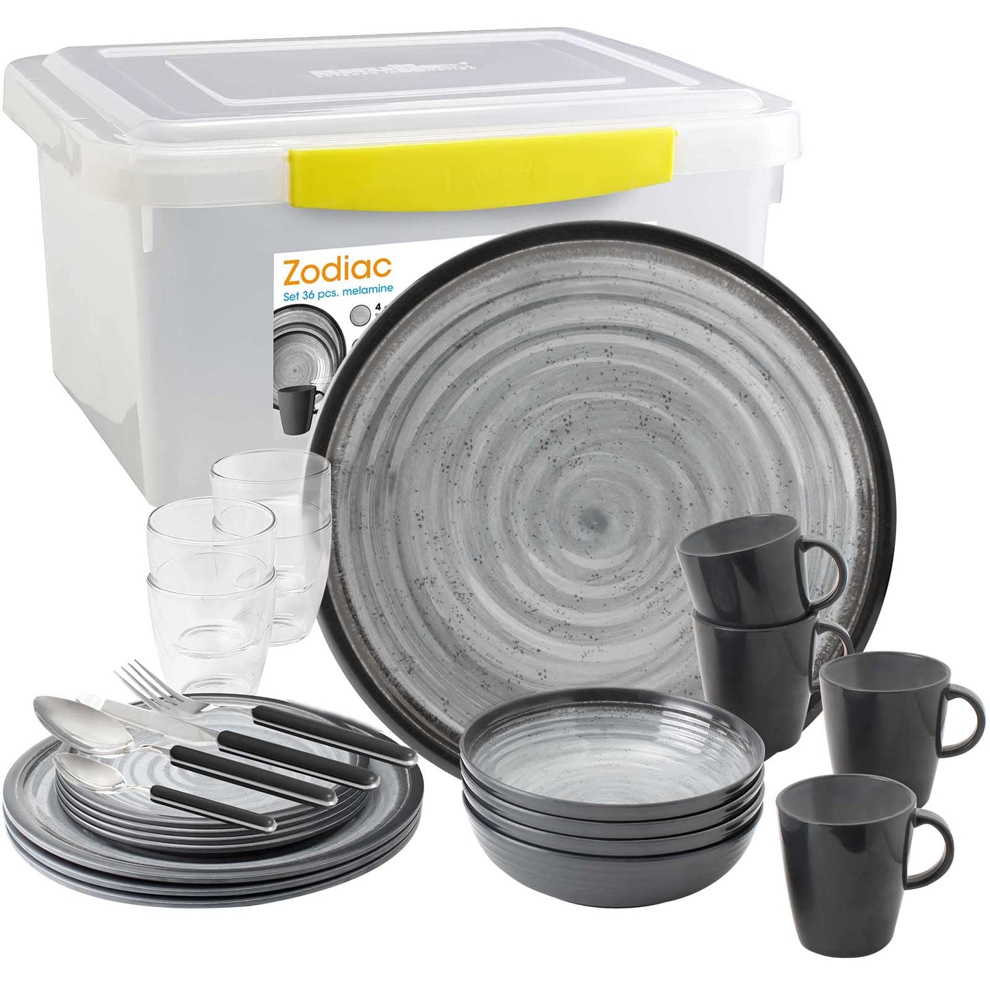 Camping-Geschirr Set Melamin (36-teilig) für 4 Personen, All Inclusive 4 Personen 36-teilig inkl. Box