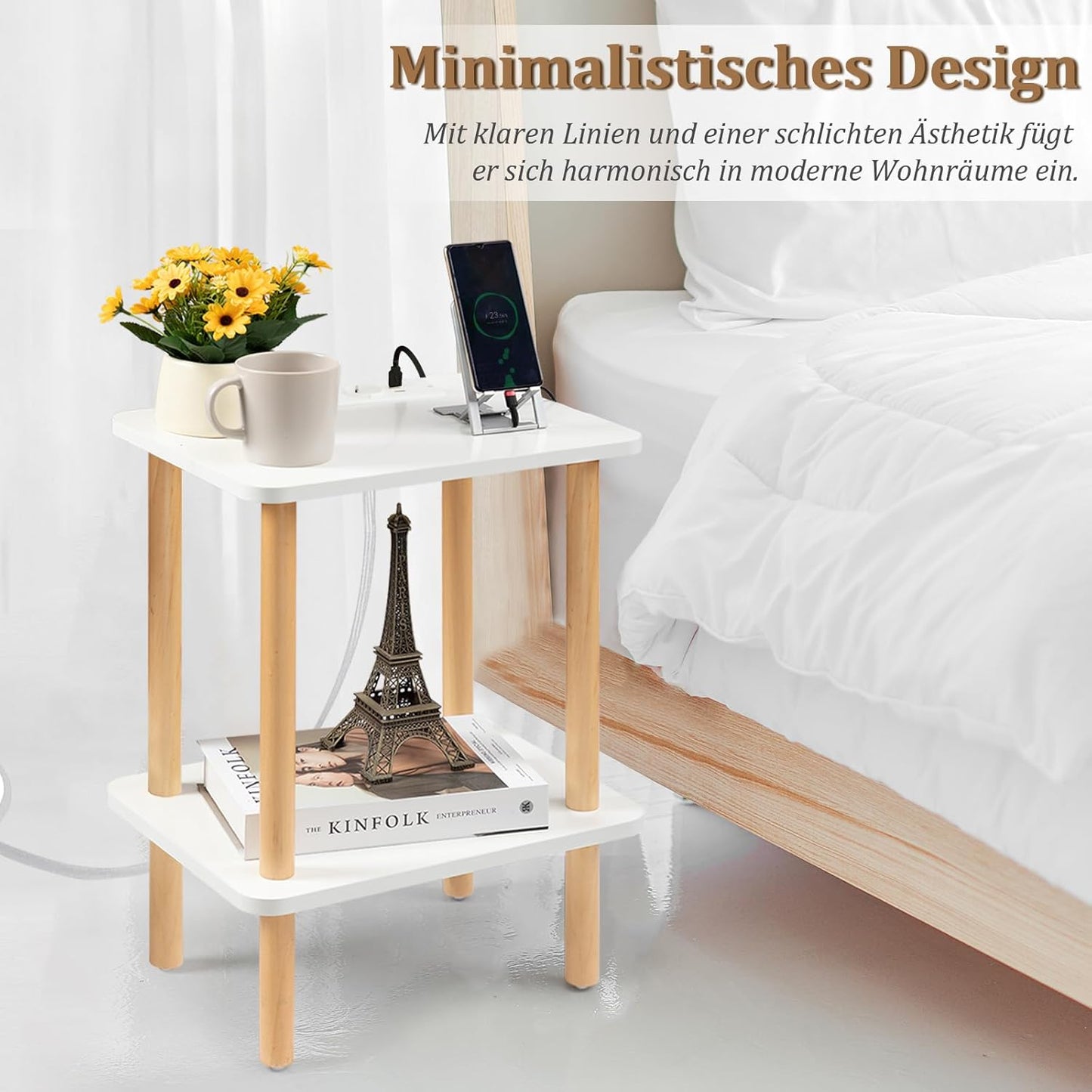 Beistelltisch mit Ladestation, 2 Ebenen Weiß