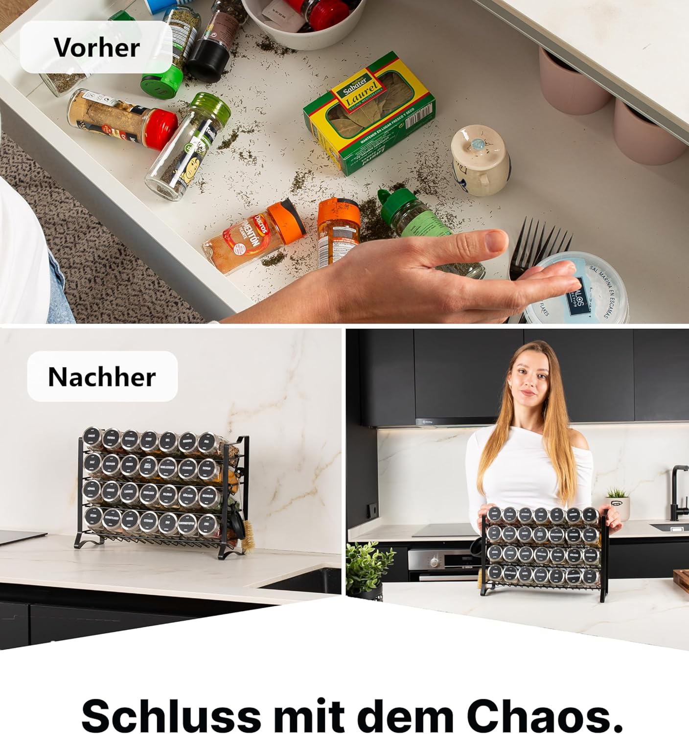 Gewürzregal mit Gewürzgläsern, Schwarz, Deckel Edelstahl