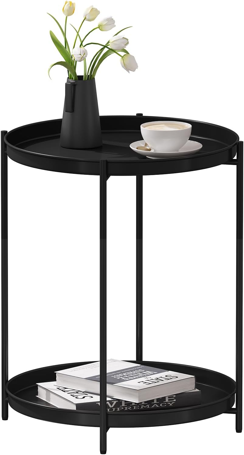 Beistelltisch mit Stauraum und abnehmbaren Tabletts, 44 x 53 cm (φ x H) Schwarz
