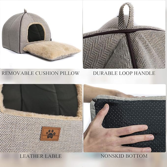 Faltbare Katzenbetthöhle mit waschbarem Kissen, M(15 x 15 x 15 Inch) Beige
