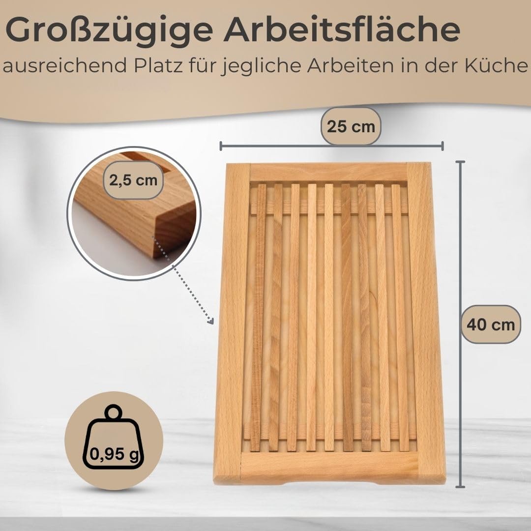 Brotschneidebrett mit Krümelgitter & Griffmulden, Brotschneidebrett Buchenholz