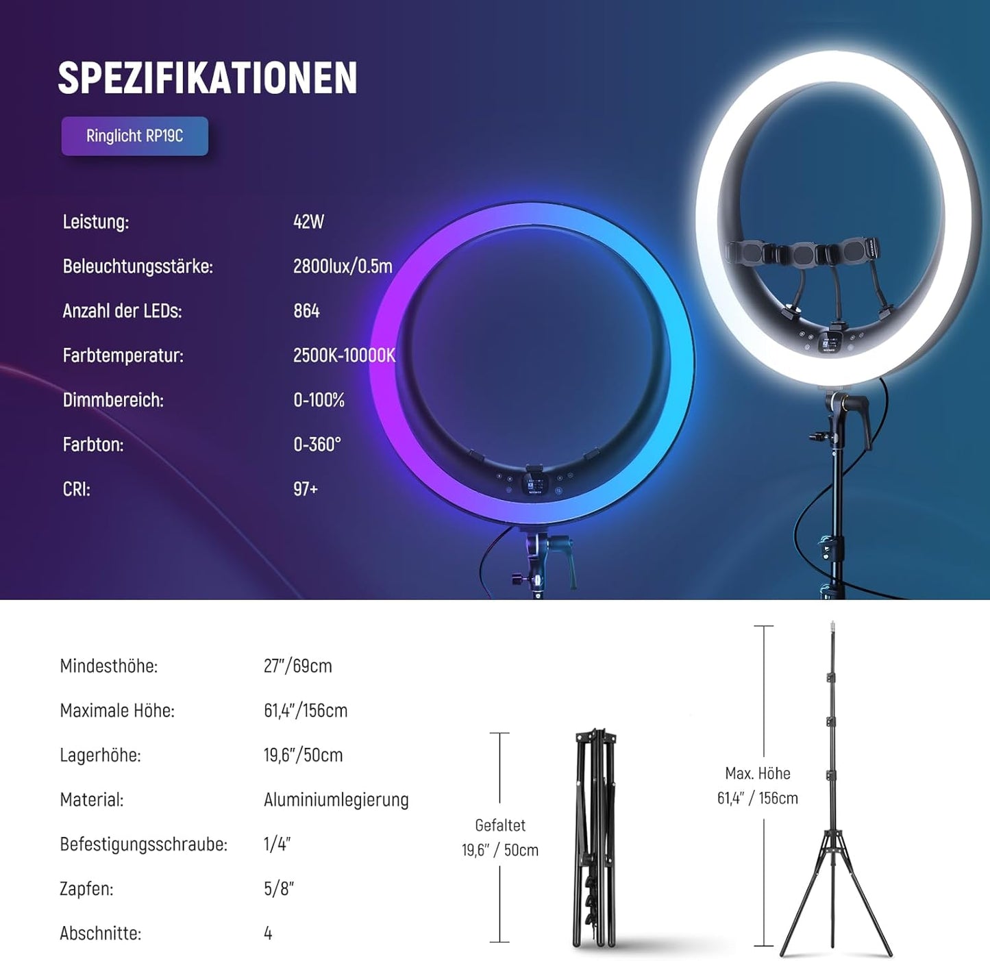 RGB Ringlicht mit Ständer und App-Steuerung, RGB Ringlicht