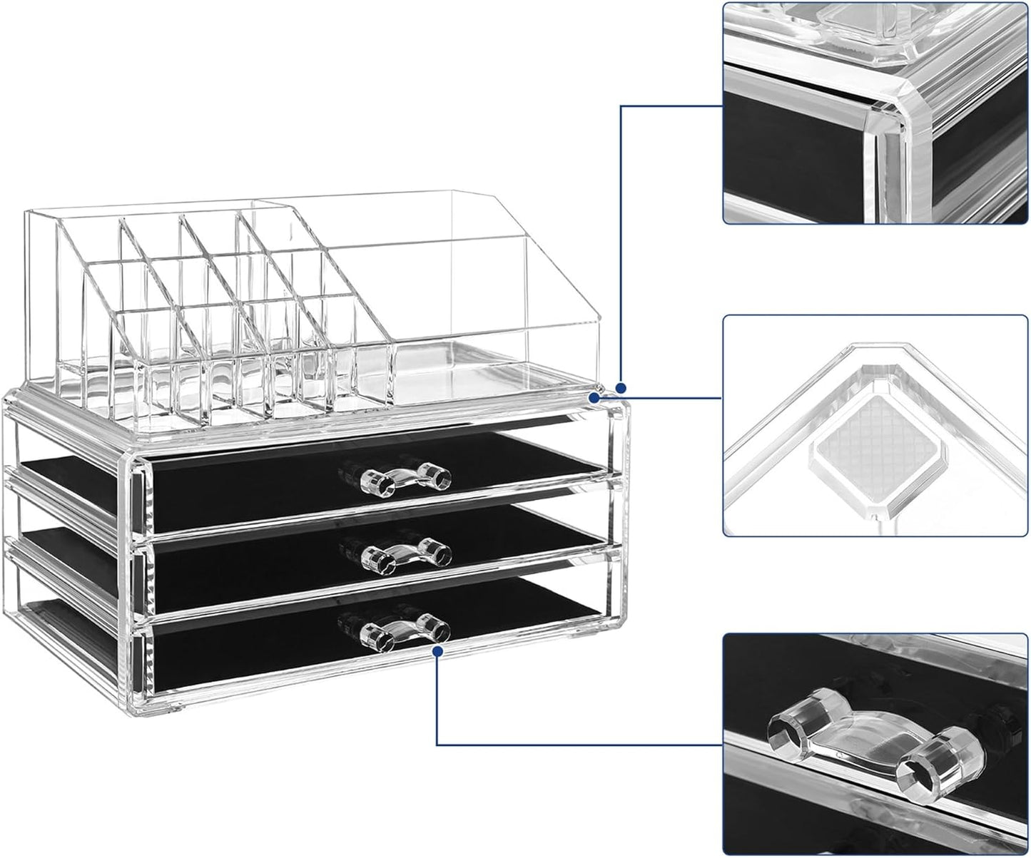Make-up Organizer mit Schubladen und Fächern, Transparent 3 Tier (18,5H cm)