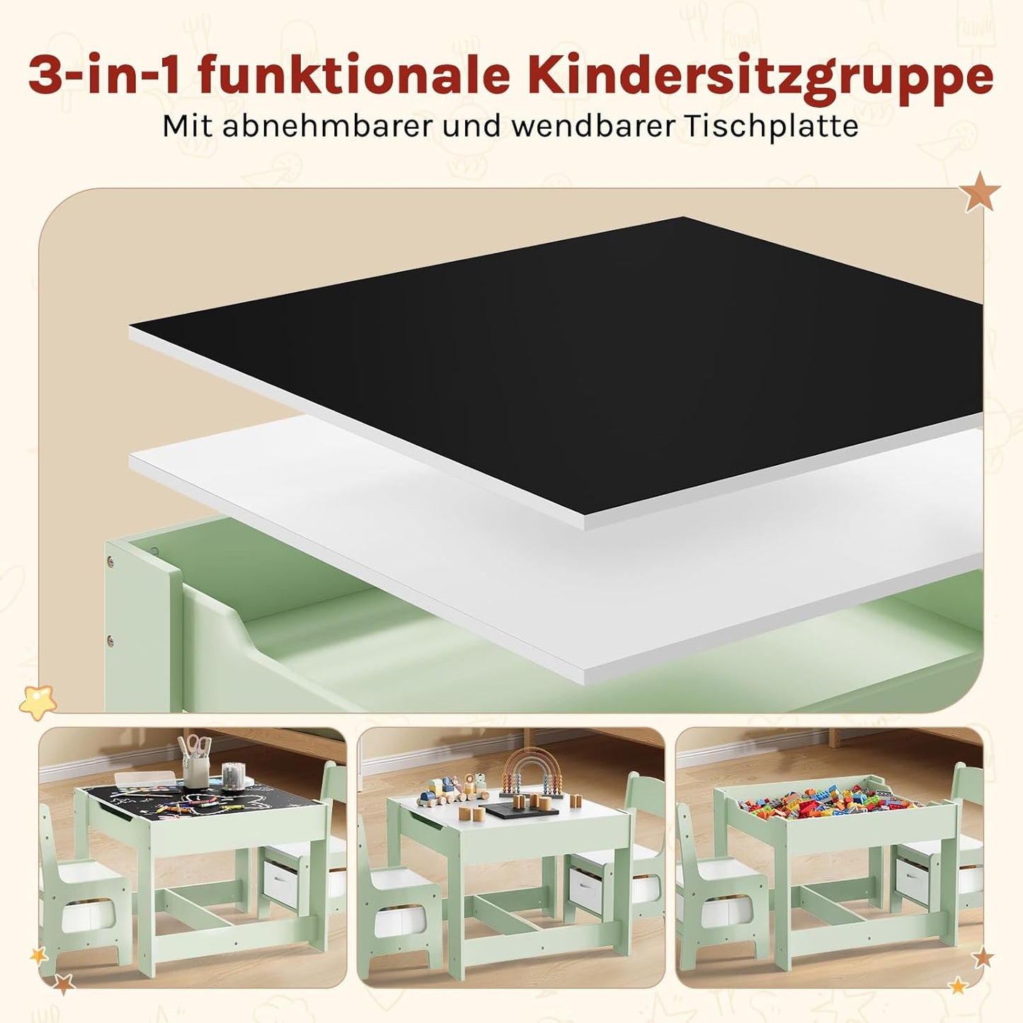 Kindertisch mit Stühlen und Stauraum, Grün + Weiss