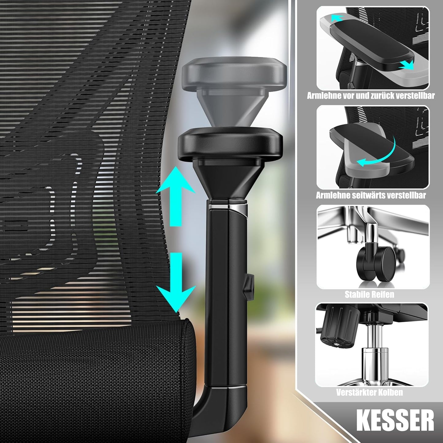 Ergonomischer Bürostuhl mit Wippfunktion, Schwarz / Silber