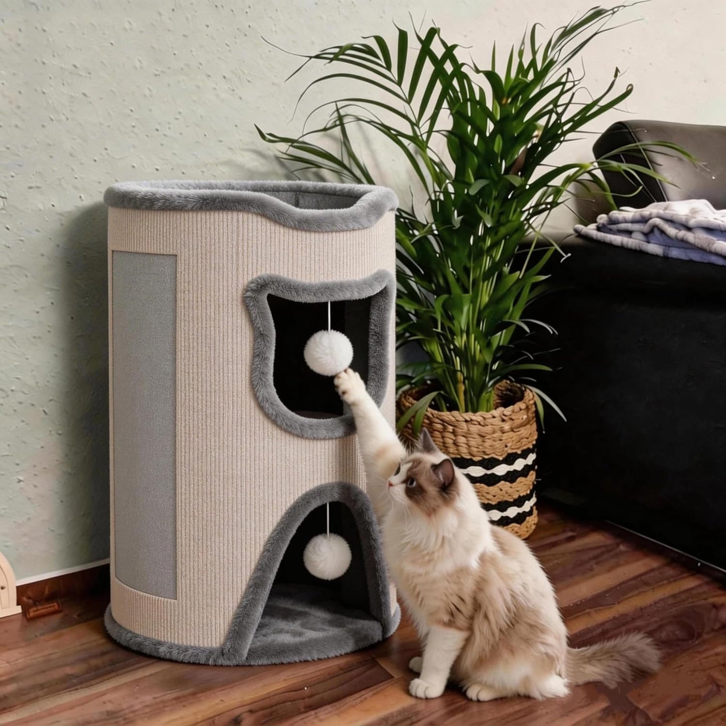 Katzenhaus mit Kratzbaum und Spielball (40x40x60 cm), Weiss Doppellagig
