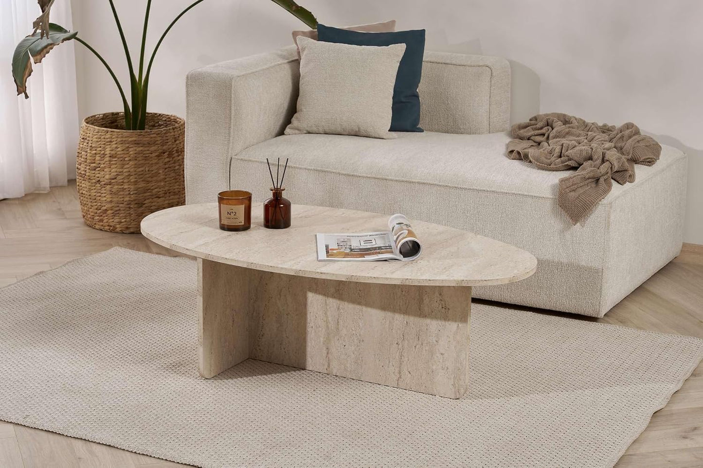 Stilvoller Couchtisch, melaminbeschichtet, 120x40x65 cm, Travertine
