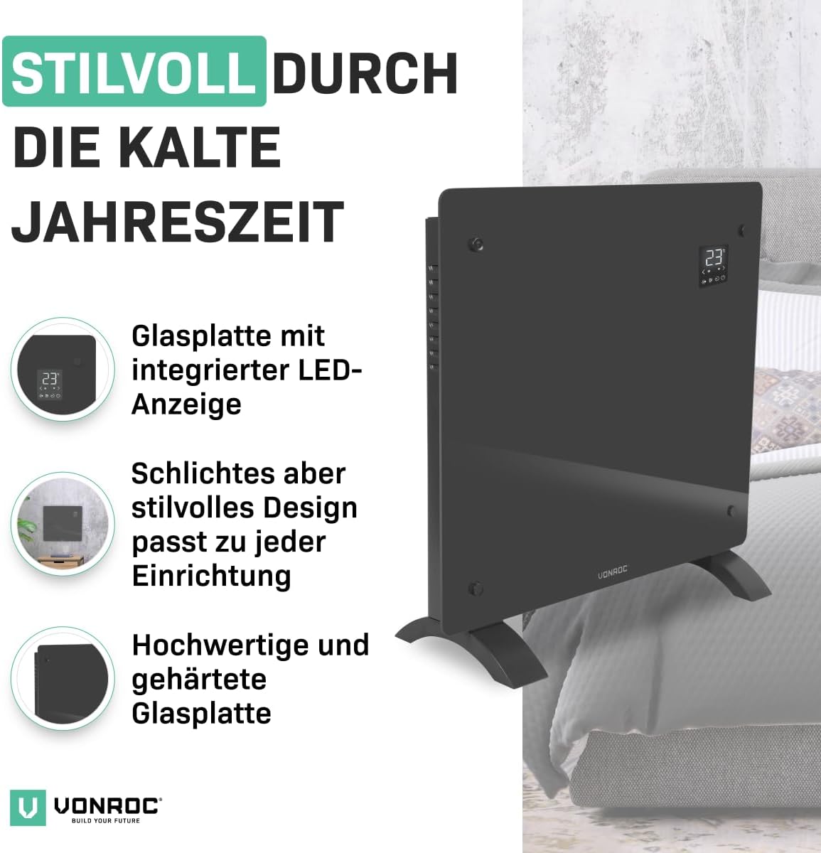 Konvektor-Heizung für Wand-/Bodenmontage mit App-Steuerung, 1000W, Grau