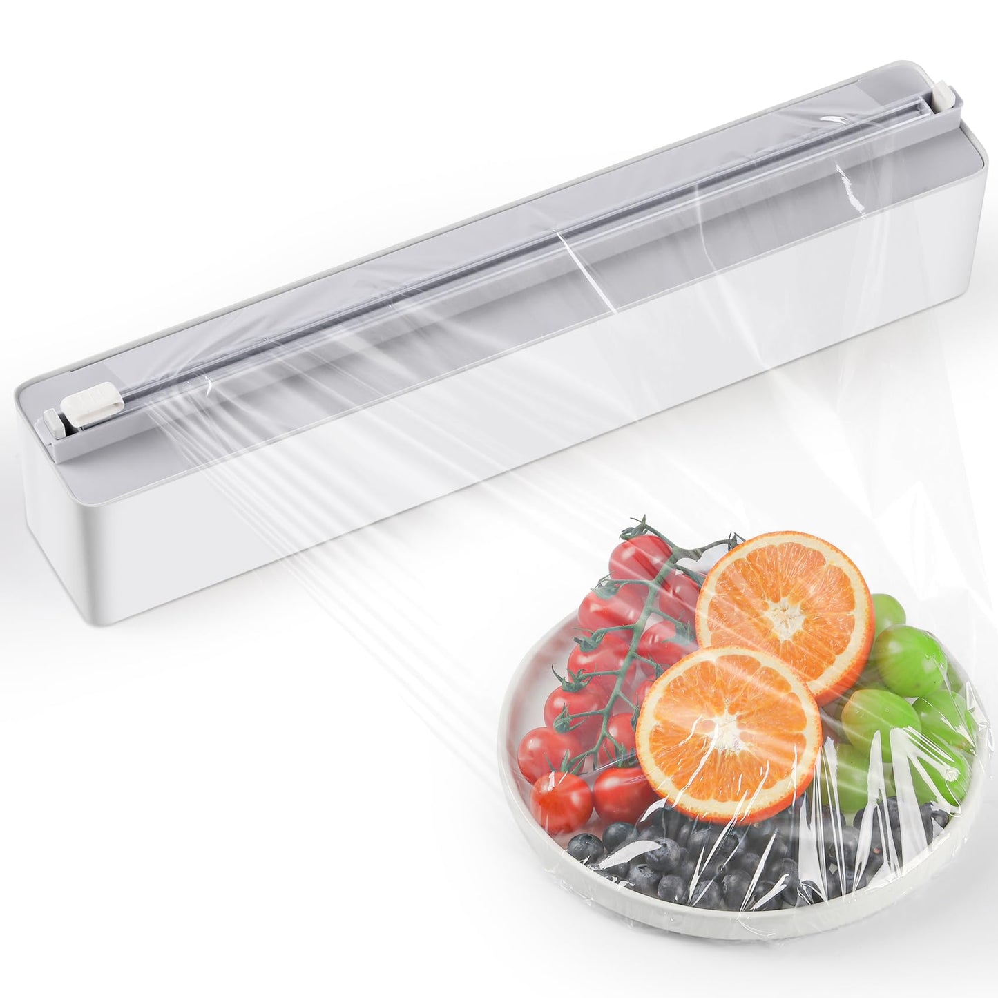 Frischhaltefolienspender mit Cutter & Magnetbefestigung, Weiss (Grauer Kunststoffdeckel)