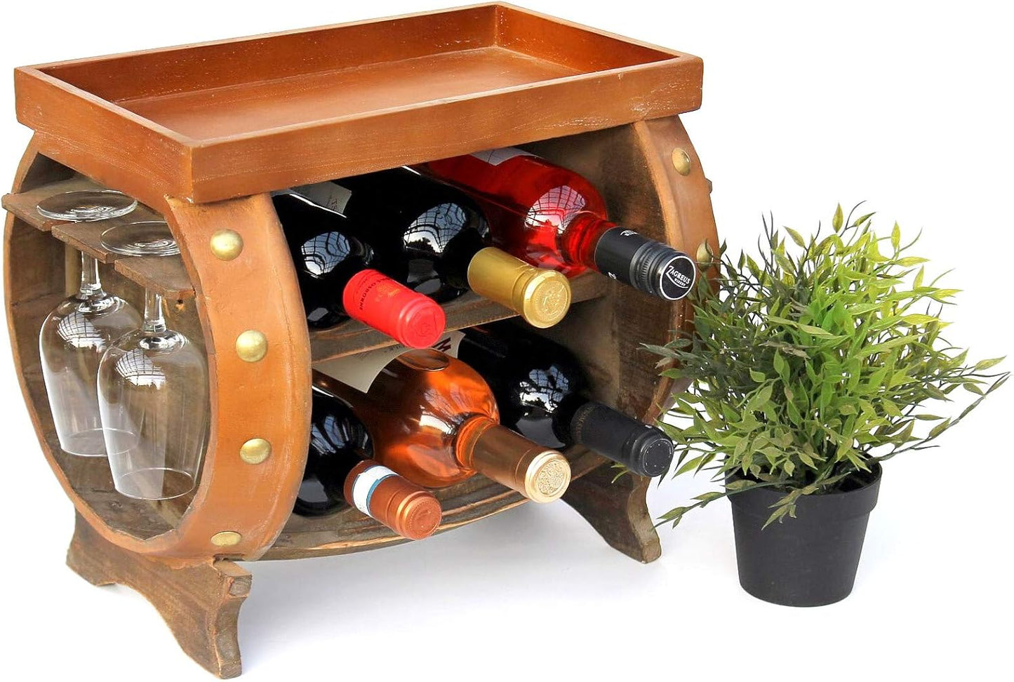 Weinfass-Flaschenregal mit Glashalter