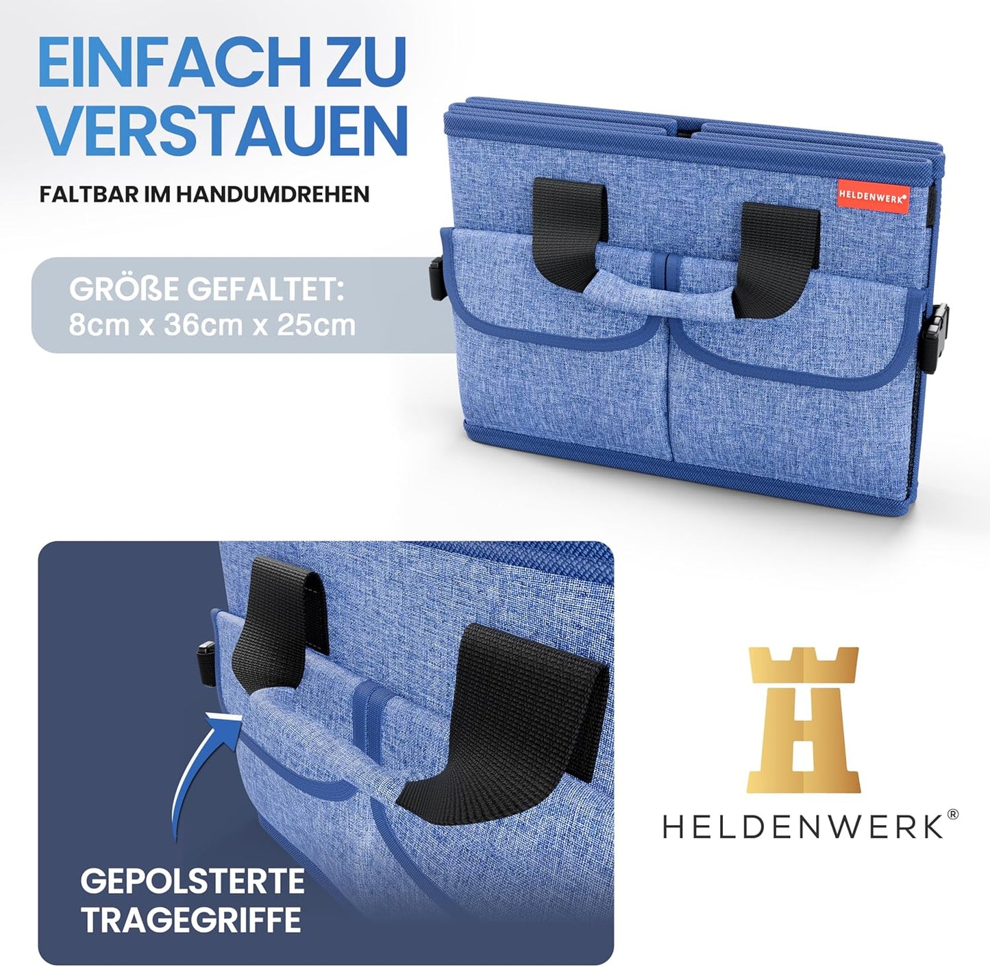 Faltbarer Kofferraum-Organizer mit Deckel, Blau mit Dunkelblauem Saum