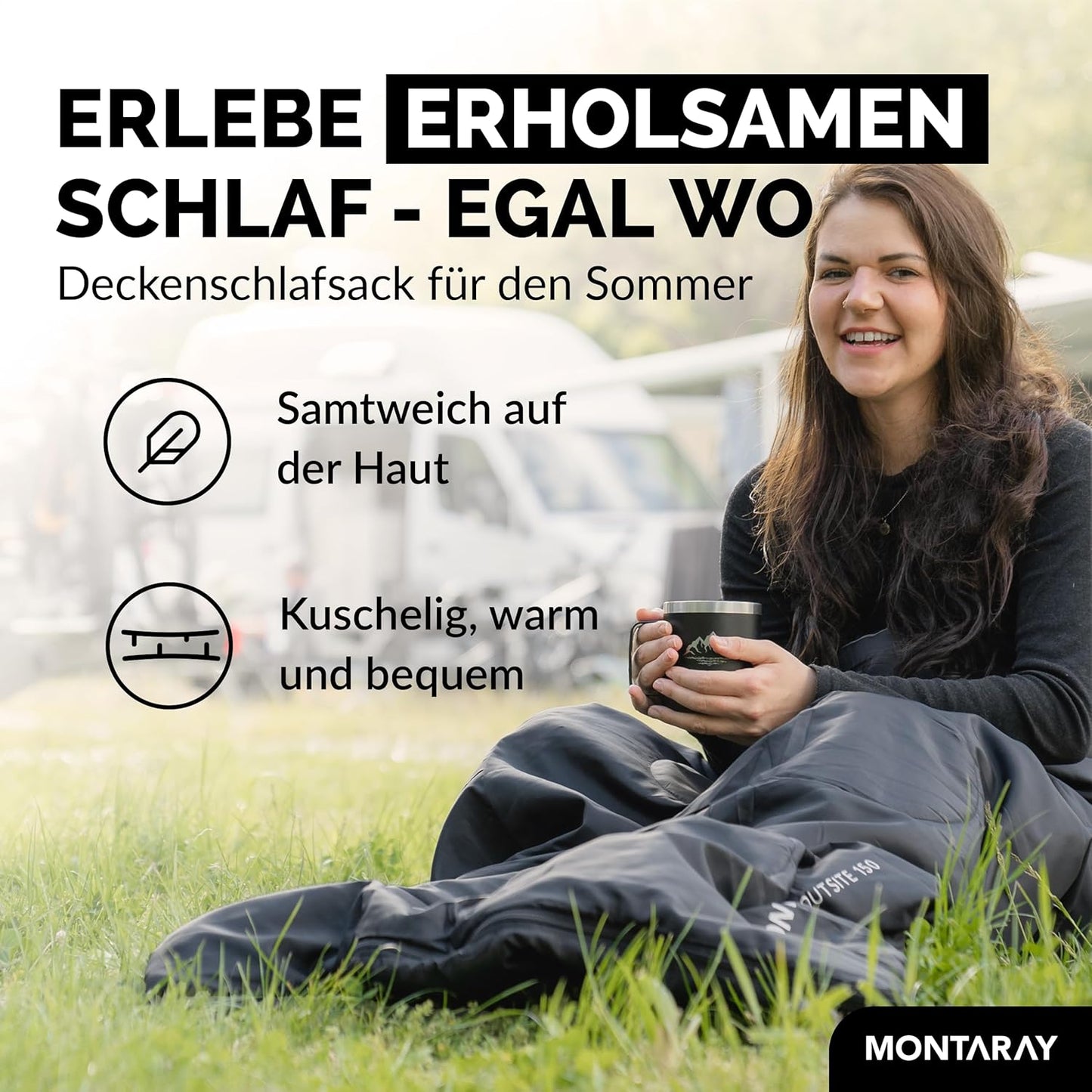 Deckenschlafsack mit Kissen, Schwarz 150GSM, ohne Kapuze