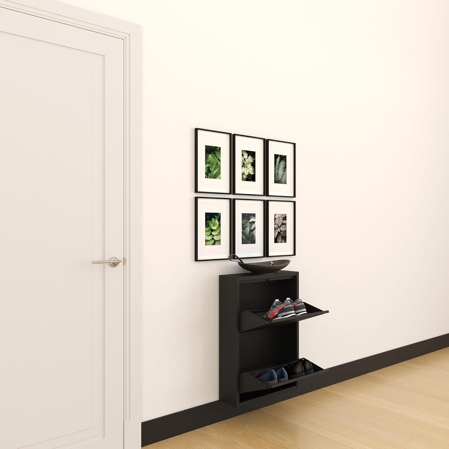 Schmaler Metall-Schuhschrank mit Magnetklappen, 2 Klappen Schwarz