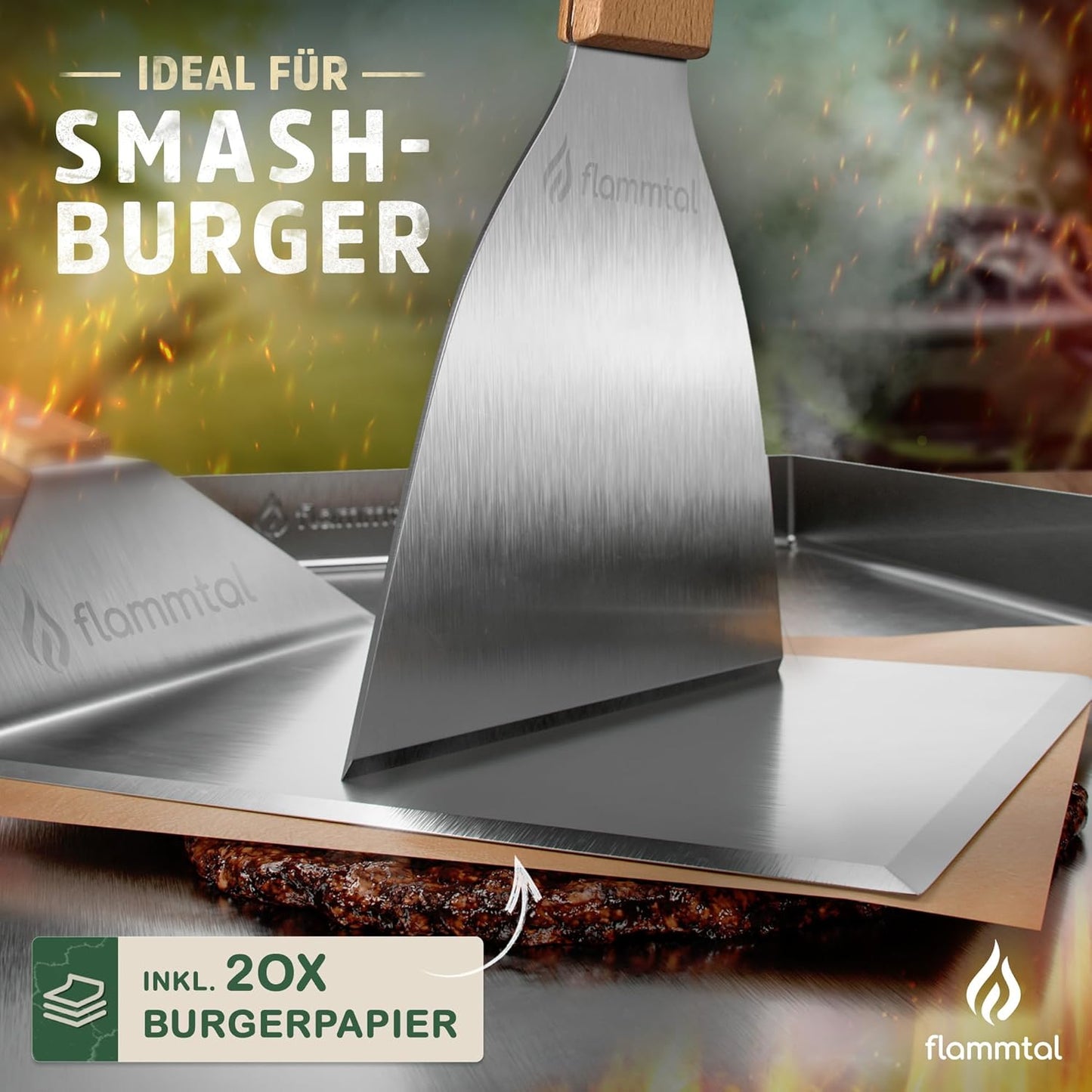 Edelstahl-Grillplatte mit Spachtel & Burgerpapier, Geschlossen (40x30cm)