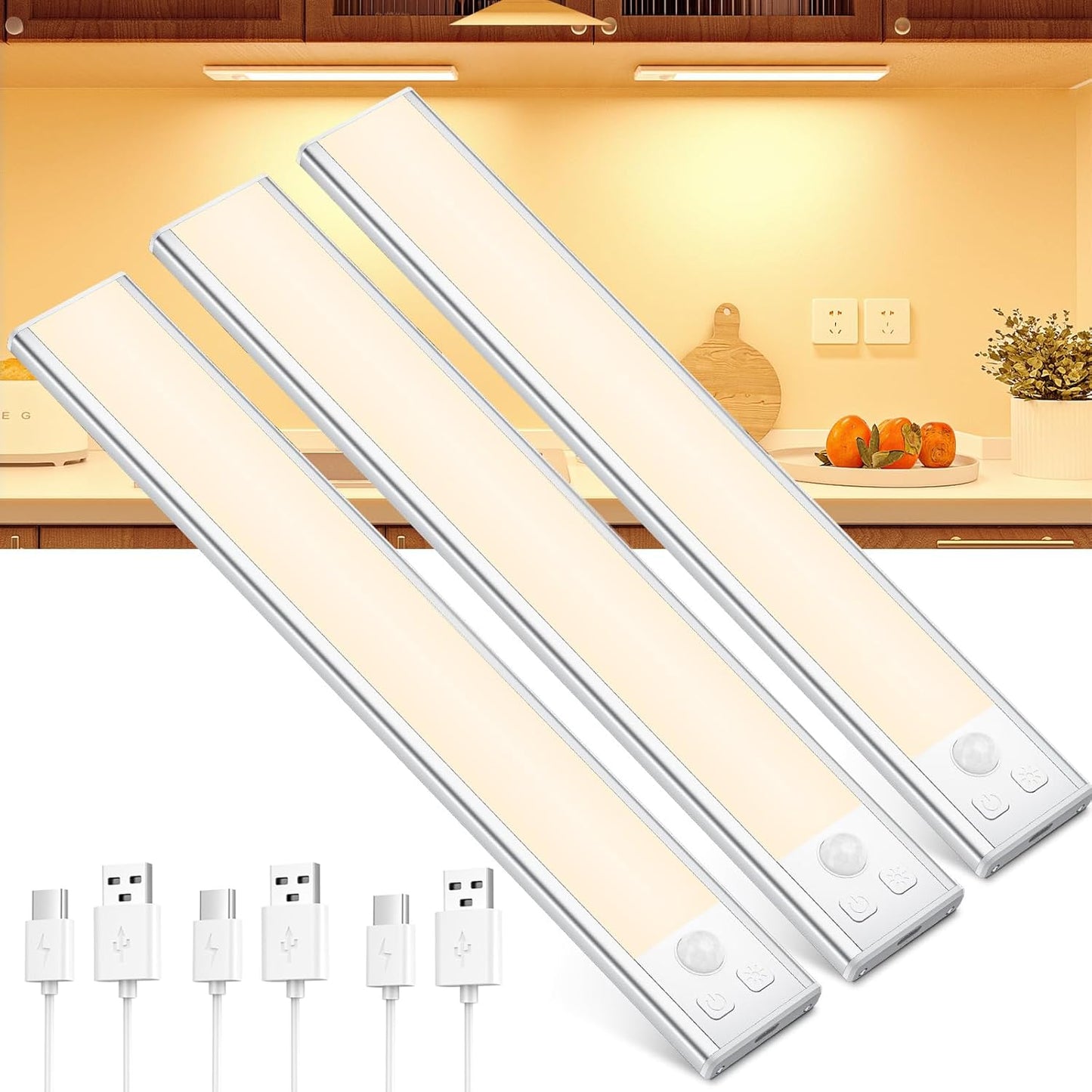 3er-Set LED-Schrankbeleuchtung mit Bewegungsmelder, Warmweiß 20.5cm*3