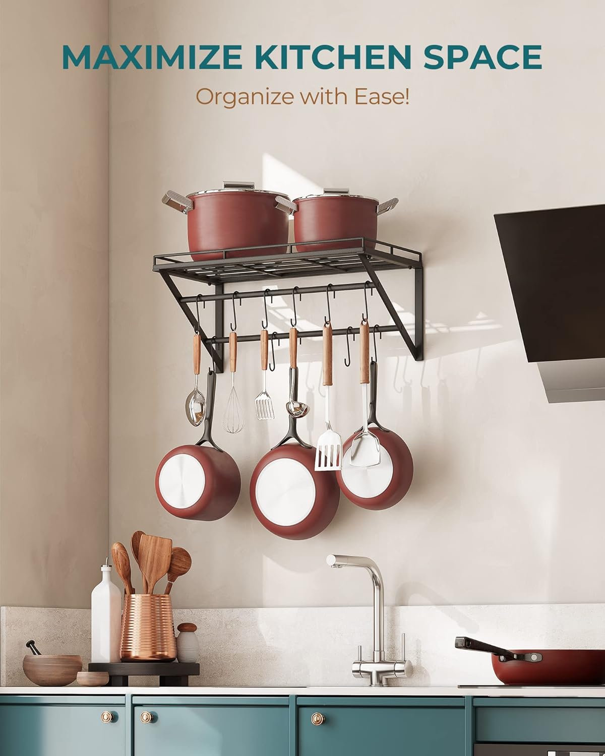 Topf-Rack Wandregal mit 12 Haken (3-Schicht), Schwarz-60cm