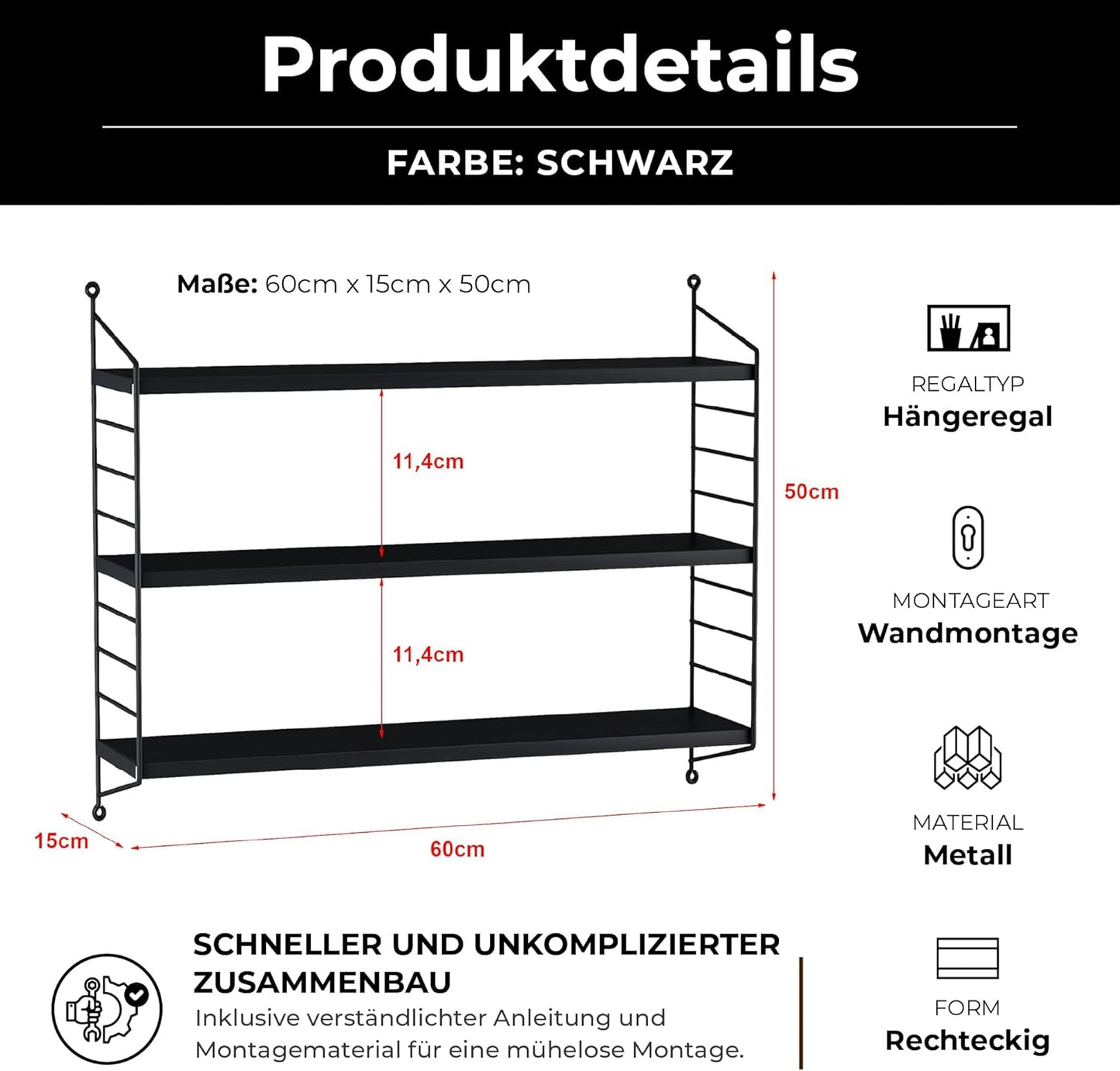 Modulares Metall-Wandregal Strängnäs, Schwarz 1