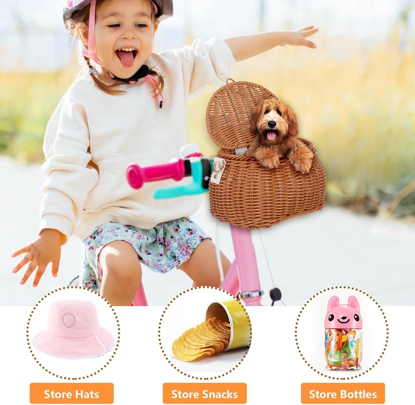 Abnehmbarer Kinderfahrradkorb, Rattan-Design, Braun