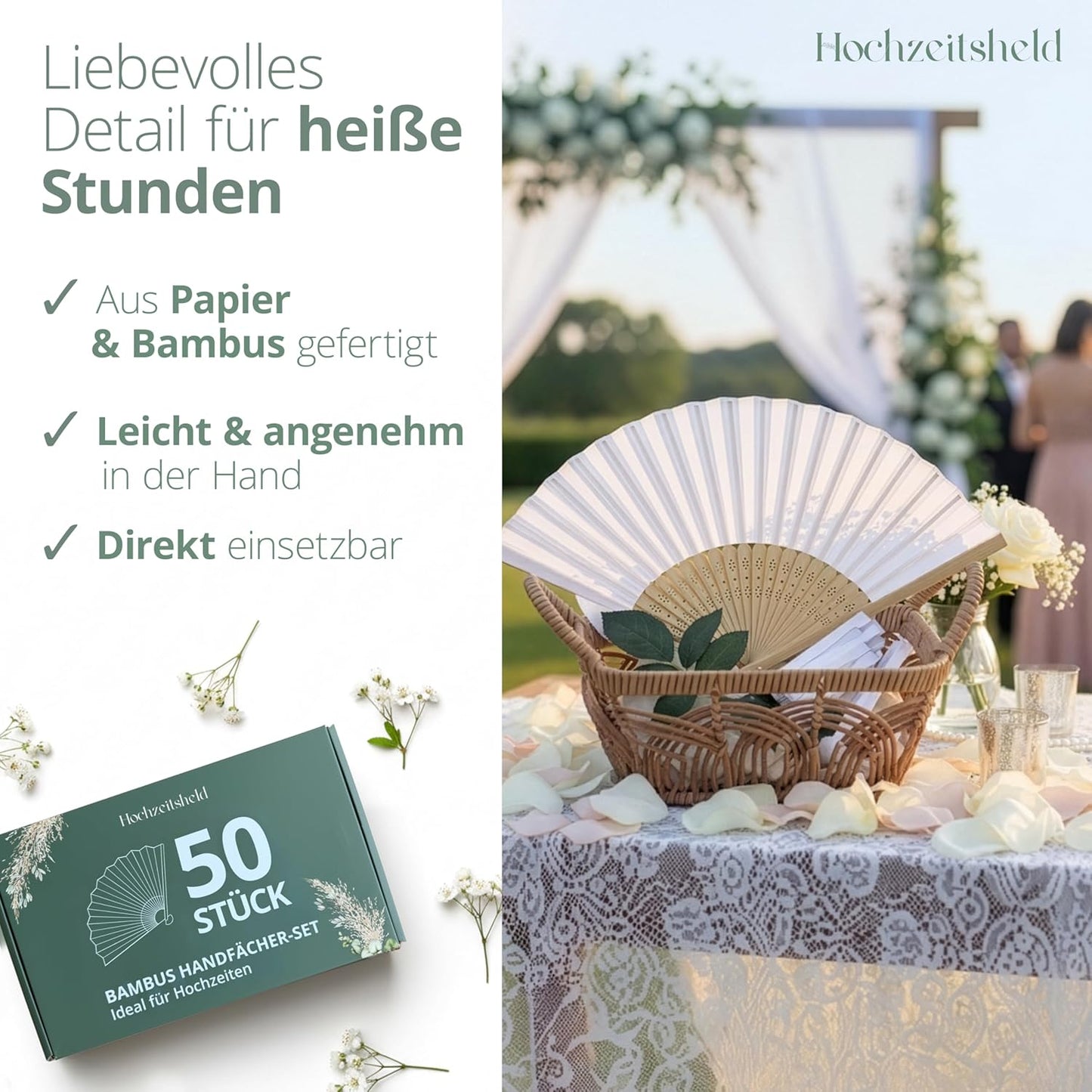 Handfächer-Set für Hochzeiten, 50 Stück, 50 Stück Bambus Handfächer