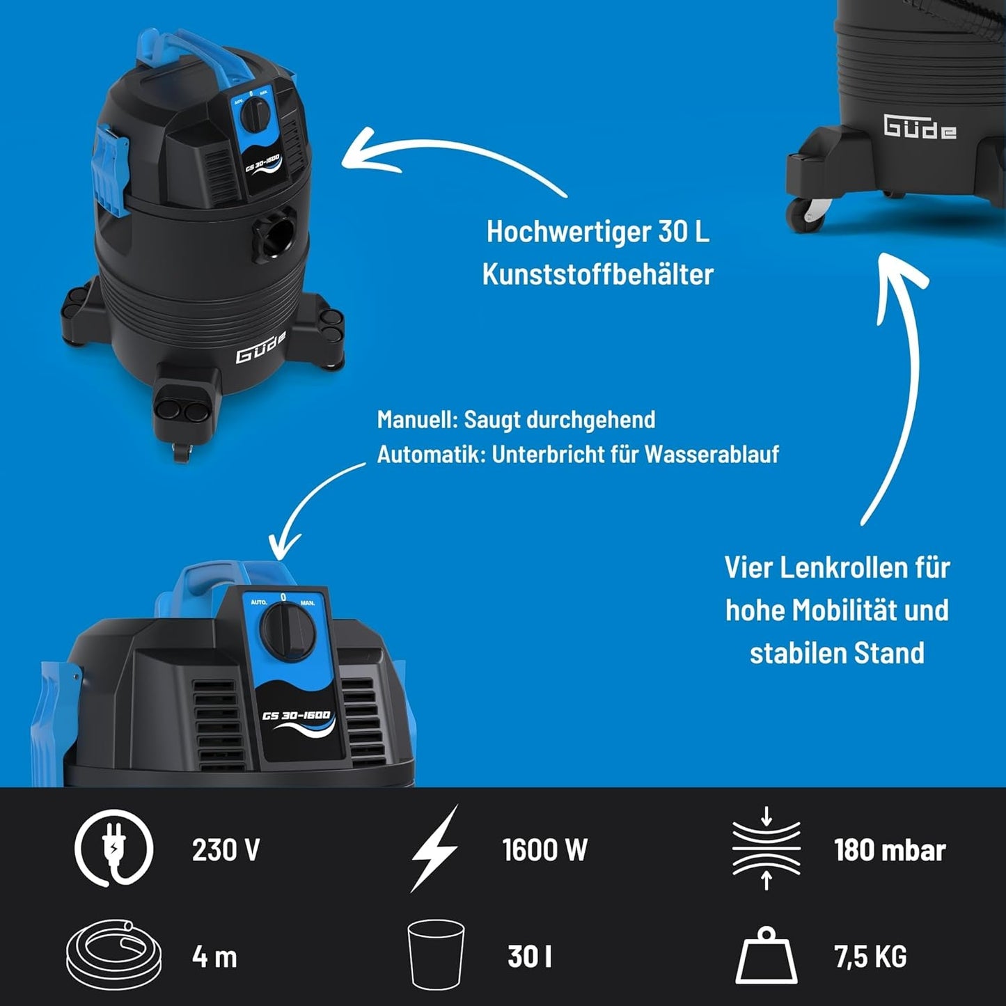 3 in 1 Schlammsauger GS 30-1600 für Teich- und Poolreinigung