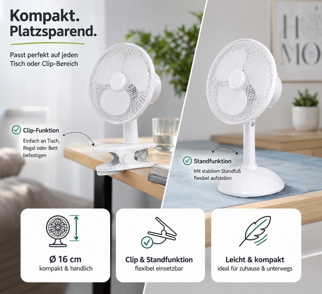 2-in-1 Tischventilator mit Ständer & Clip, Ventilator mit Clip Ø 20 cm