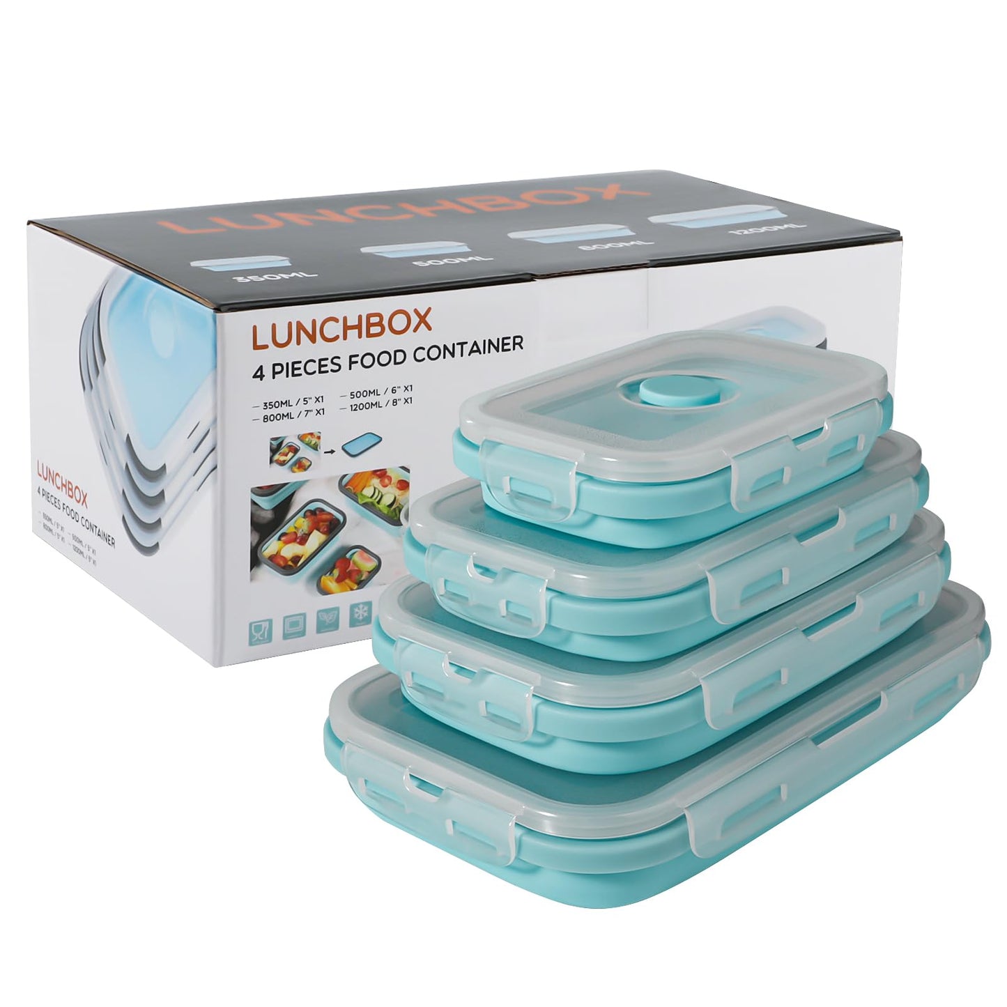 Faltbares Food Container-Set, 4-teilig mit Deckel, Hellblau